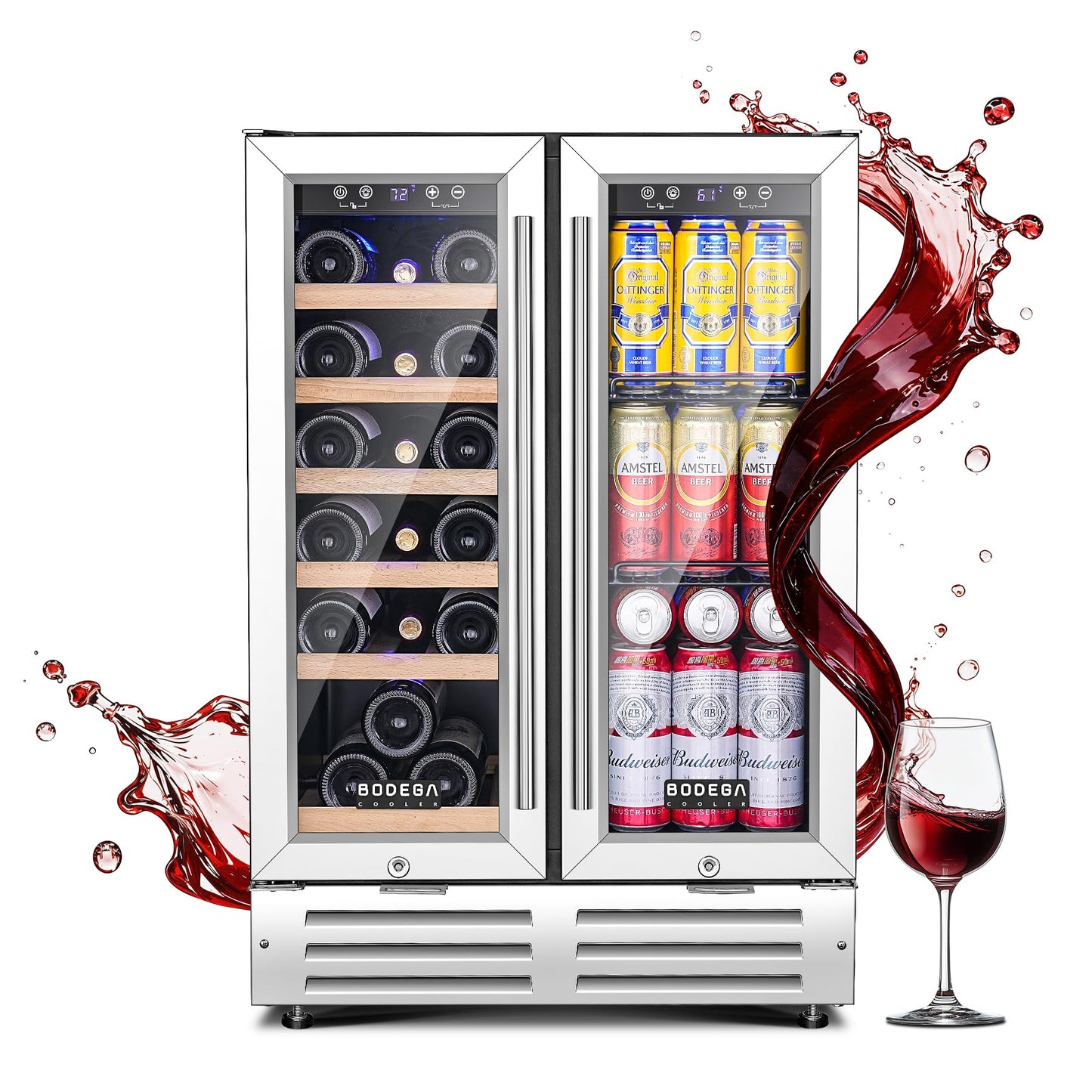 BODEGA COOLER Wine and Beverage Refrigerator, 24 Inch Dual Zone Wine Fridge, Holds 20 Bottles and 74 Count, French Doors, Under-counter or Freestanding Wine Cooler, Beverage Fridge with Tempered Glass