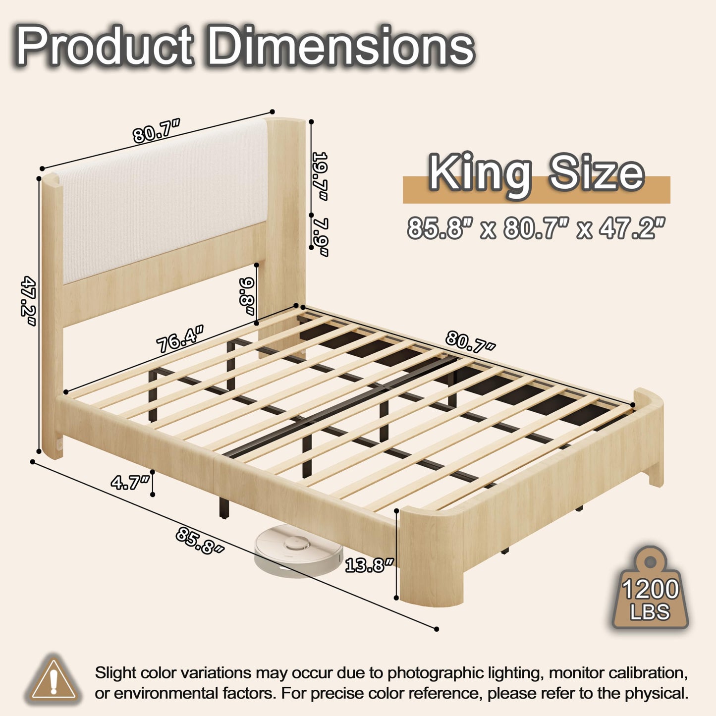 King Size Upholstered Platform Bed Frame with Wingback Headboard, Motion-Sensing LED Lights, Sturdy Slats, Mattress-Lock Footboard, PU Leather,No Box Spring Needed, Easy Assembly, Whitewashed Oak