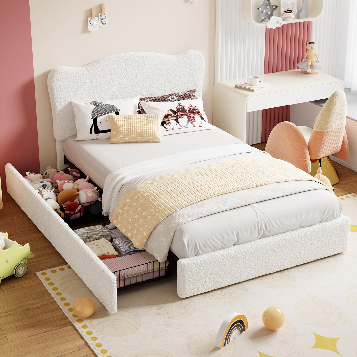 Garvee Upholstered Full Size Bed Frame for Kids with 2 Drawers, Velvet Twin Bed for Girls, Boys, Sturdy Platform Bed, No Box Spring Needed, Noise Free, Beige