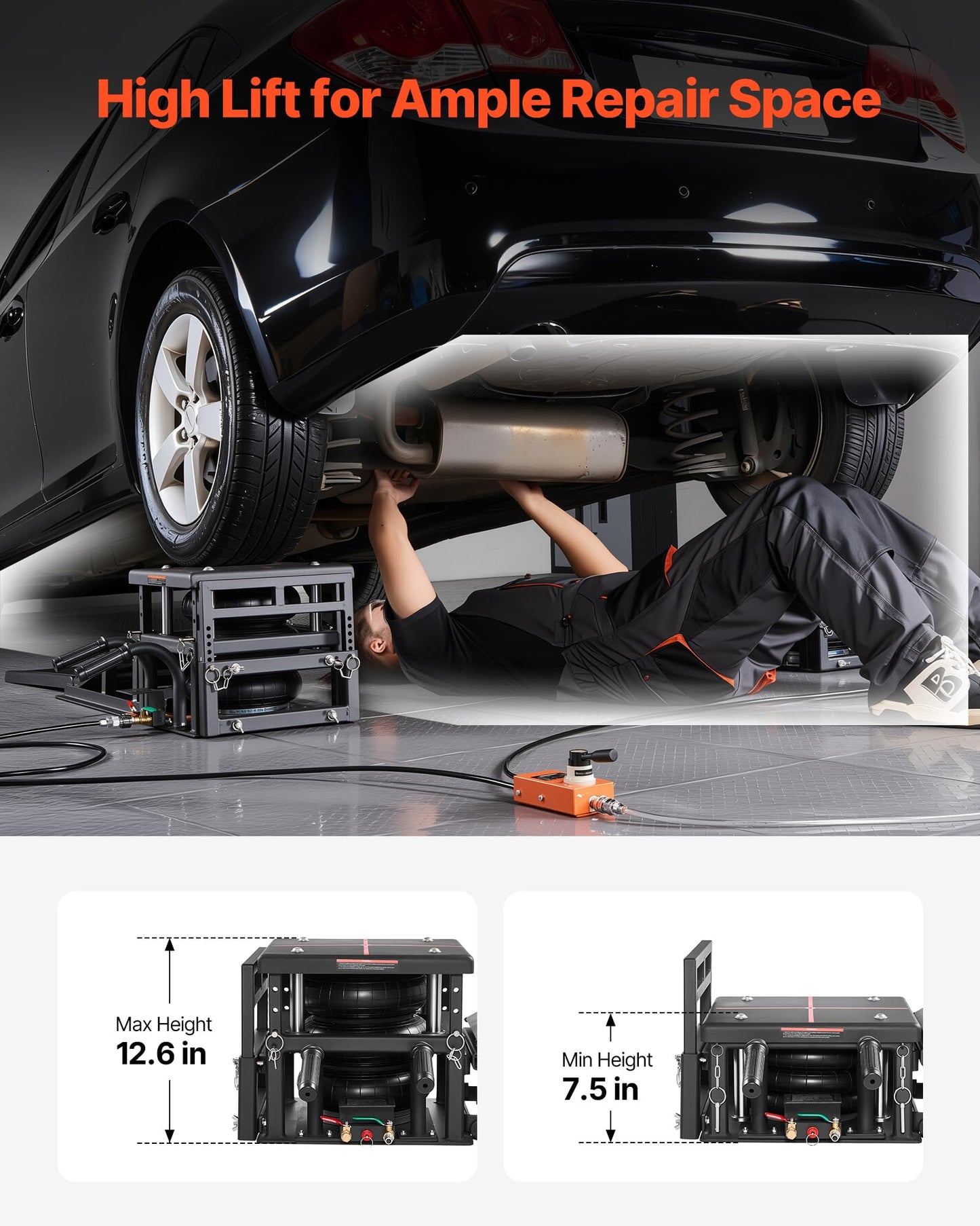 VEVOR Air Hydraulic Jack Car Ramps 2PCS, 11023 lbs/5 Ton Capacity, 12.6 inch Max Height, Pneumatic Ramp Jacks with Airbags, Wheel Chocks, Extension Ramps, Heightened Columns, Heavy-Duty