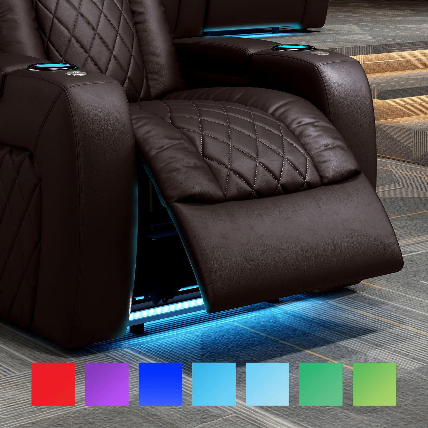 Valencia Home Theater Seating Tuscany 2025 3-Seat Power Recliner with Center Console - Top Grain Nappa 11000 Leather, Cool Gel Memory Foam, USB-C/A Charging, RGB Lights (Dark Chocolate)