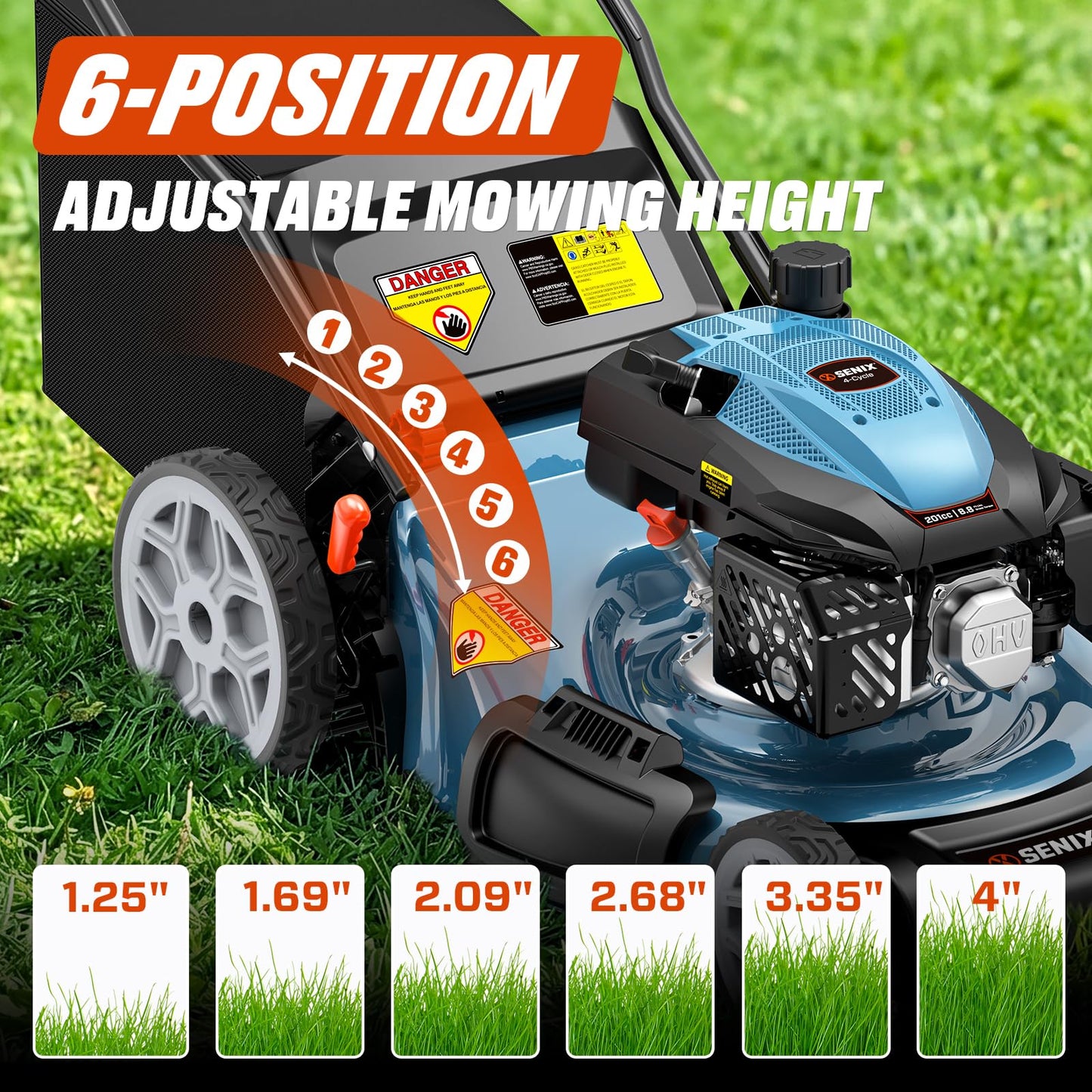 SENIX 201cc 22" 3-in-1 Gas Lawn Mower, Single Speed Rear Wheel Self-Propelled Mower, Mulching, Bagging, Discharging, 6 Cutting Height Adjustable, for Garden Yard