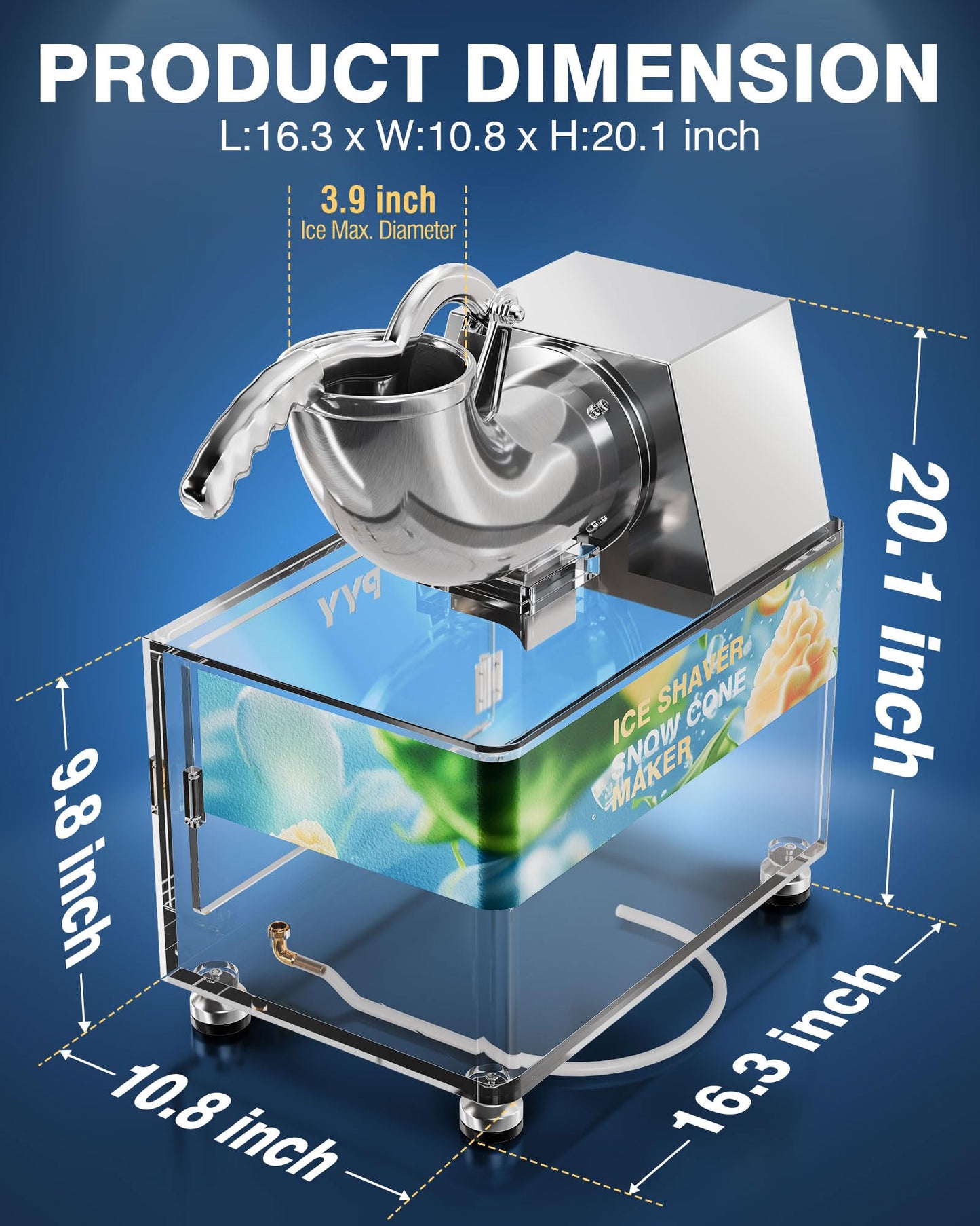 PYY Snow Cone Machine - Commercial Ice Crusher Shaver, Electric Crushed Shaved Snowcone Maker, Stainless Steel Full Body, Dual Blades, Acrylic Box and Drain Pipe, All-Copper Motor 440LBS/H
