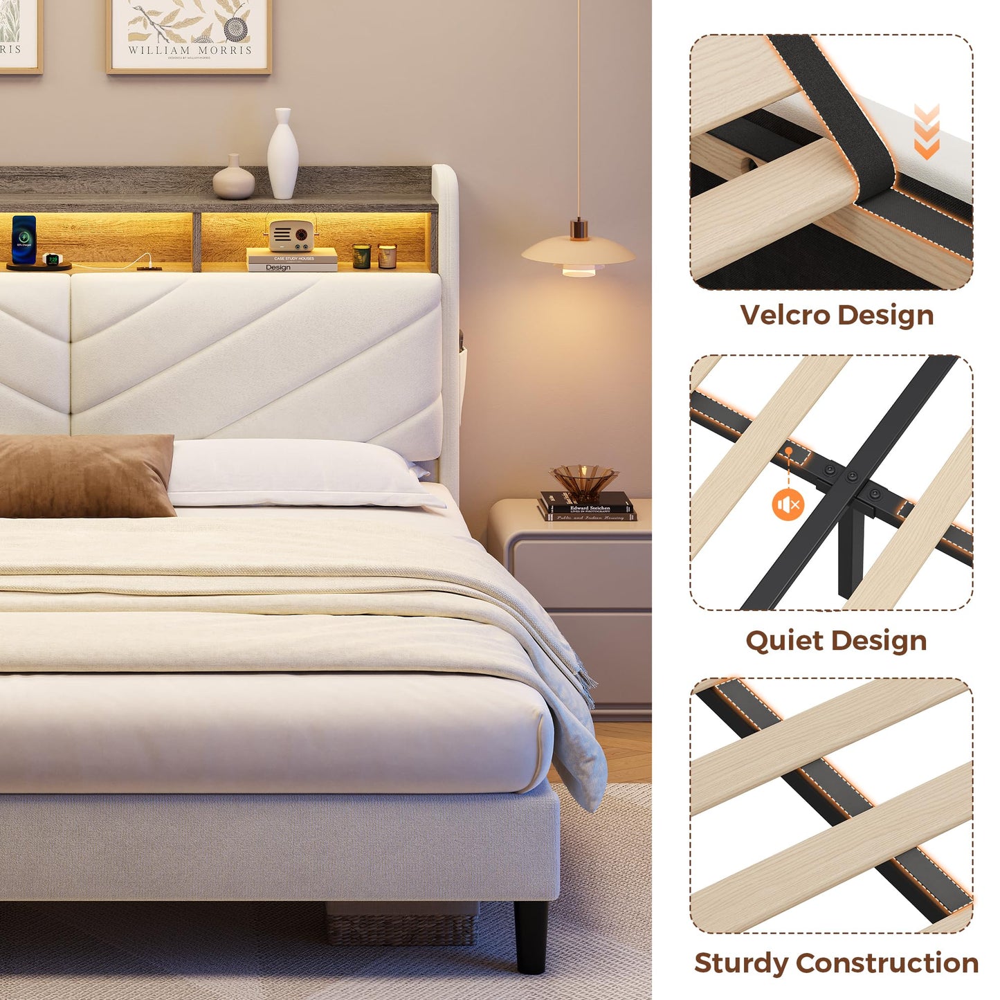 Jocoevol Queen Size Bed Frame with Ergonomic Headboard and Hidden Storage, Velvet Upholstered Platform Bed with LED Light, Wooden Bed Frame with Charging Station, No Box Spring Needed, White
