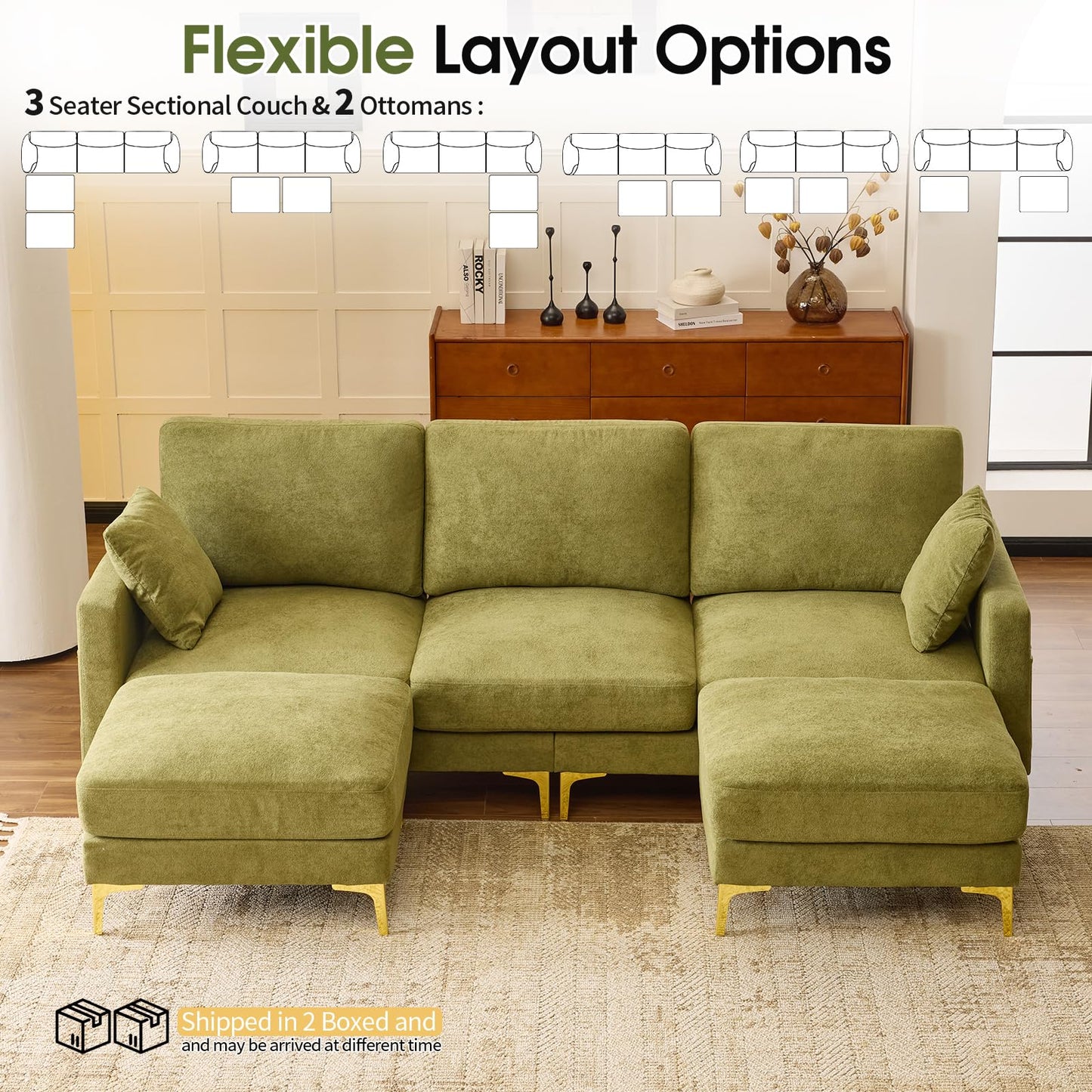 VINGLI 100" W U Shaped Couch with Ottoman, 22" Deep Seat Comfortable Sectional Couches for Living Room, 3 Seater Chenille Fabric Cloud Sofa for Apartment, Small Spaces, Bedroom, Green
