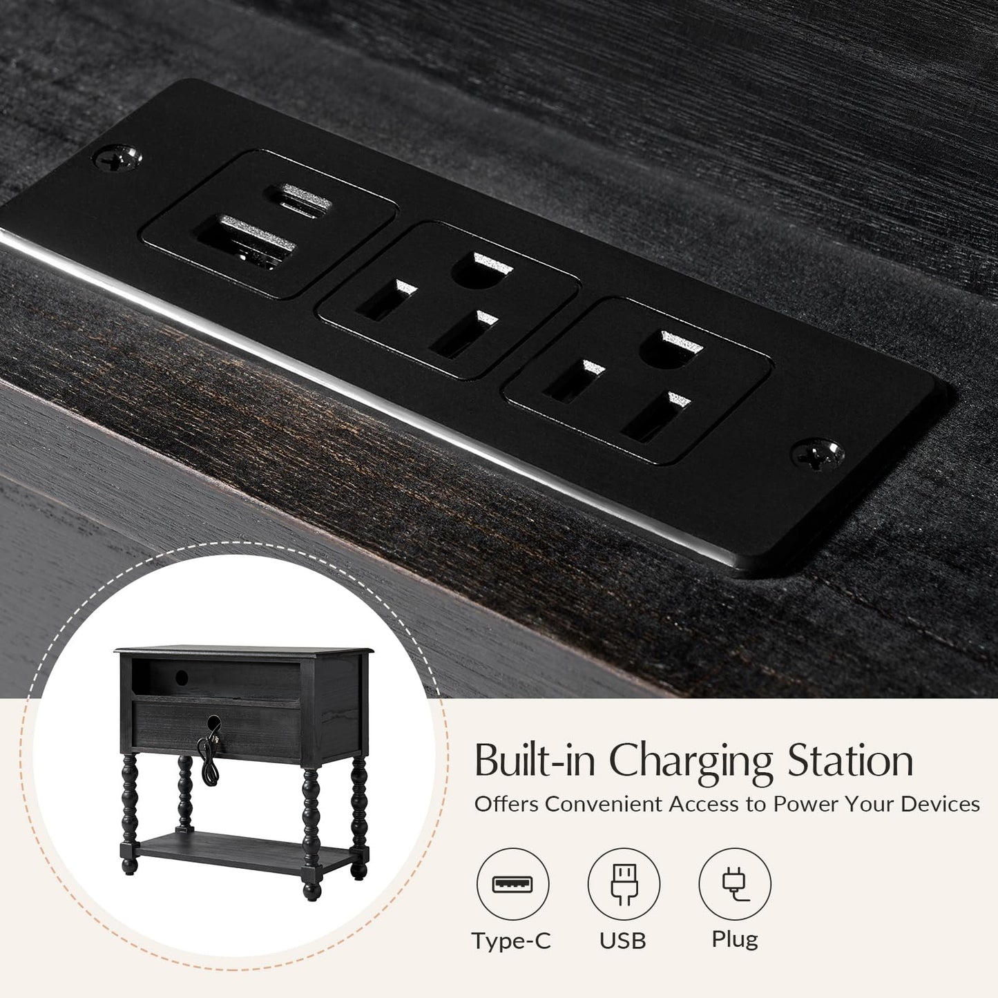 HULALA HOME Farmhouse Storage End Table with 2 Drawers and Open Shelf, Solid Wood Side Table with Spindle Legs, End Table with Charging Station (Charcoal)
