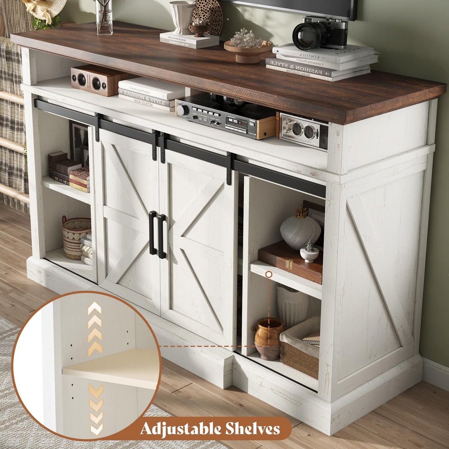 AMERLIFE 66" W Farmhouse TV Stand, Wood 40" H Tall Entertainment Center with Sliding Barn Door & Large Storage Shelves, Rustic Media Console for TVs up to 75", Distressed White