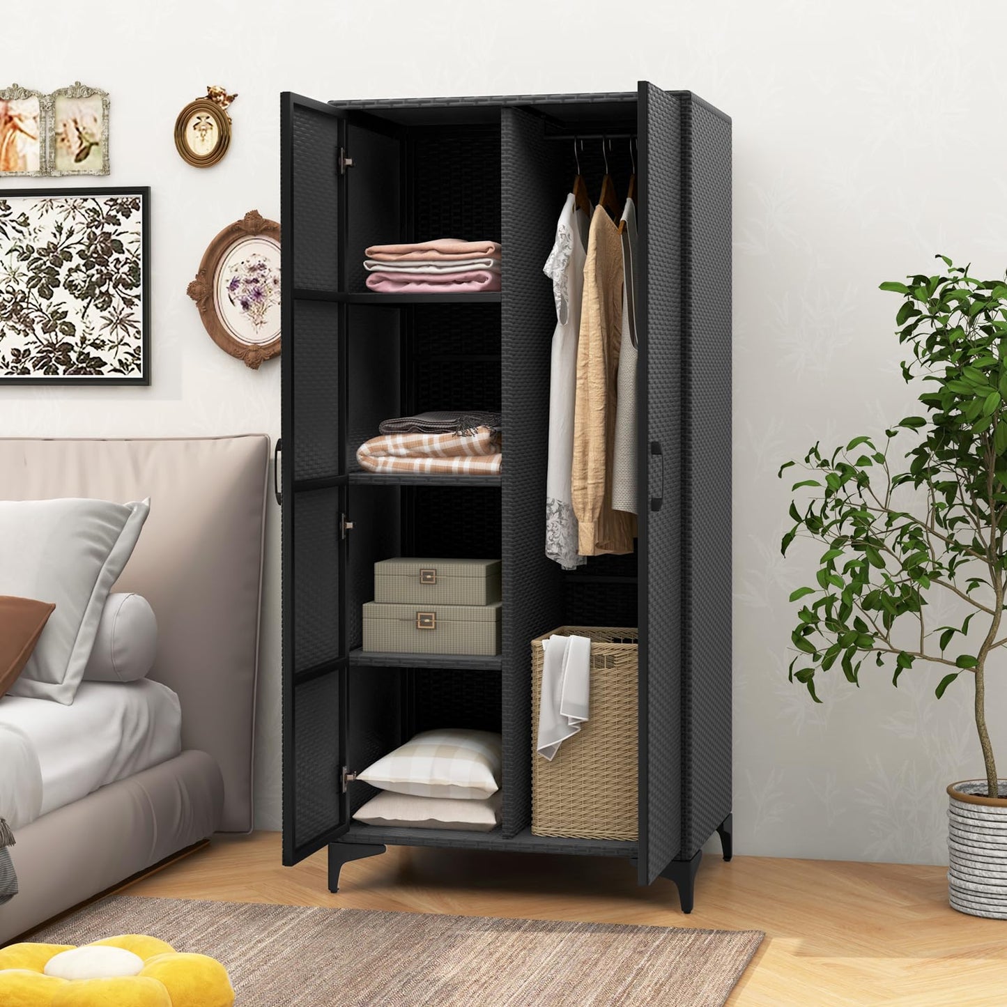 Giantex Wicker Storage Cabinet, 62” Tall Pantry Cabinet with 2 Doors, Hanging Rod, 4 Storage Cubes, Metal Legs, Anti-Tipping Device, PE Rattan Storage Cabinet for Home Office, Garage Cabinets (Black)
