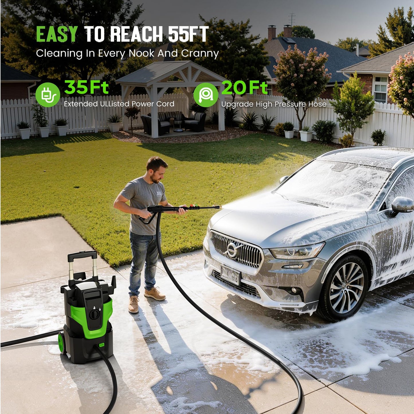 5000PSI Heavy Duty Pressure Washer, 3-Speed Adjustable Power Washer with 2-Stage Pull Rod, 4 Nozzles, Foam Cannon & 500ml Soap Bottle for Car, Home & Outdoor Cleaning,Green