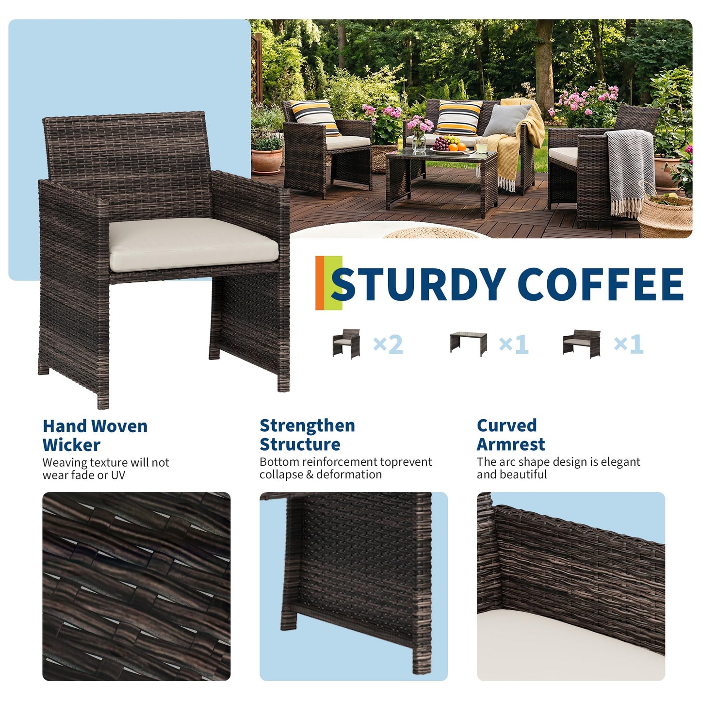 Garvee 4-Piece Patio Furniture Set, PE Rattan Outdoor Conversation Set with Cushions & Tempered Glass Table, All-Weather Wicker Patio Table and Chairs Set for Patio, Porch, Backyard, Brown and Beige