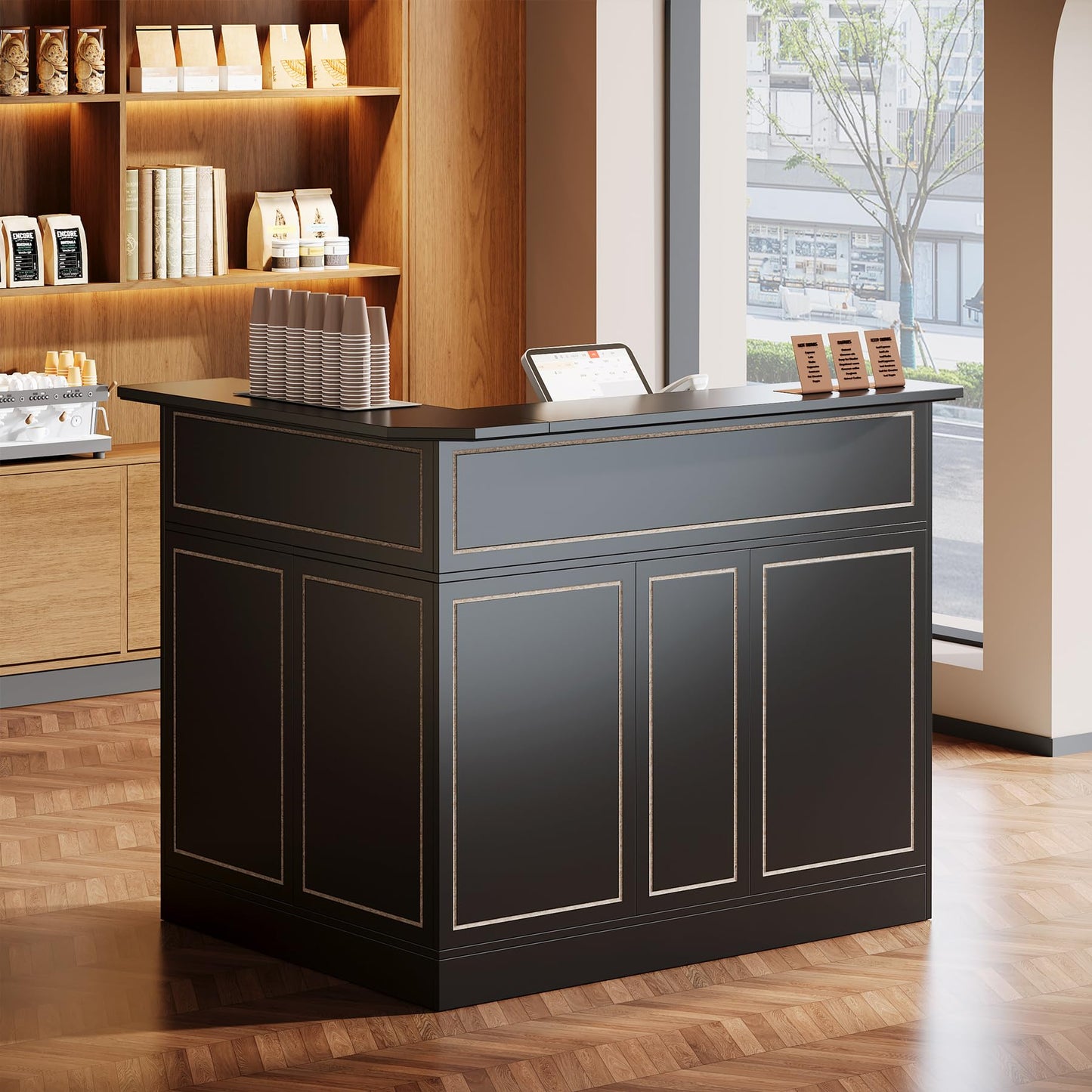 Tribesigns Reception Desk with Storage Shelves, L-Shaped Modern Front Desk, Reception Counter Table for Small Office, Salon, Checkout Office, Black