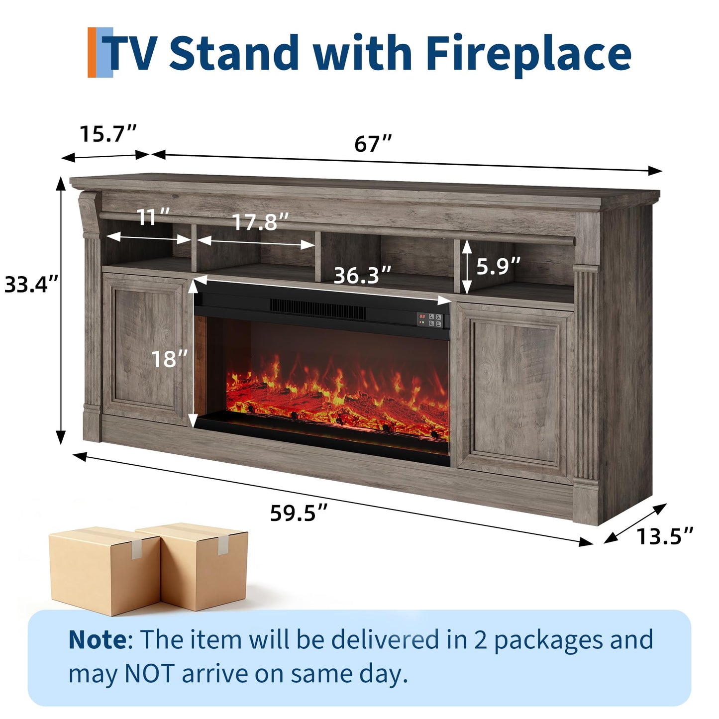 GarveeHome 68" Farmhouse Electric Fireplace TV Stand for TV Up to 75", Entertainment Center with 36'' Fireplace, Console Table TV Cabinet with Open Storage Shelves for Living Room