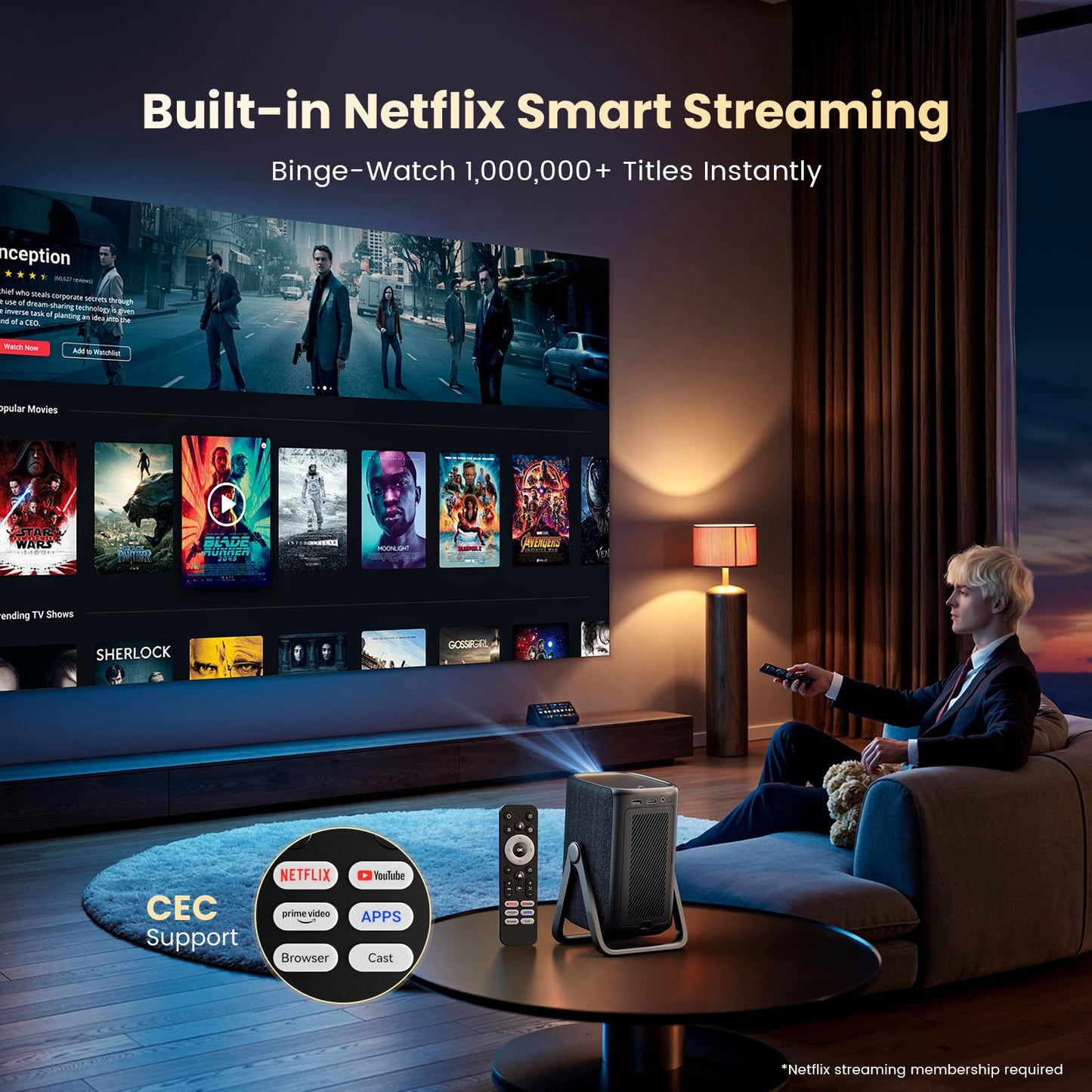 Short Throw Projector 4K Compatible with Netflix,1200ANSI Ceiling Projector Portable for Bedroom/Outdoor Auto focus 6D Keystone Dolby Smart Home Projector with WiFi and Bluetooth 200''