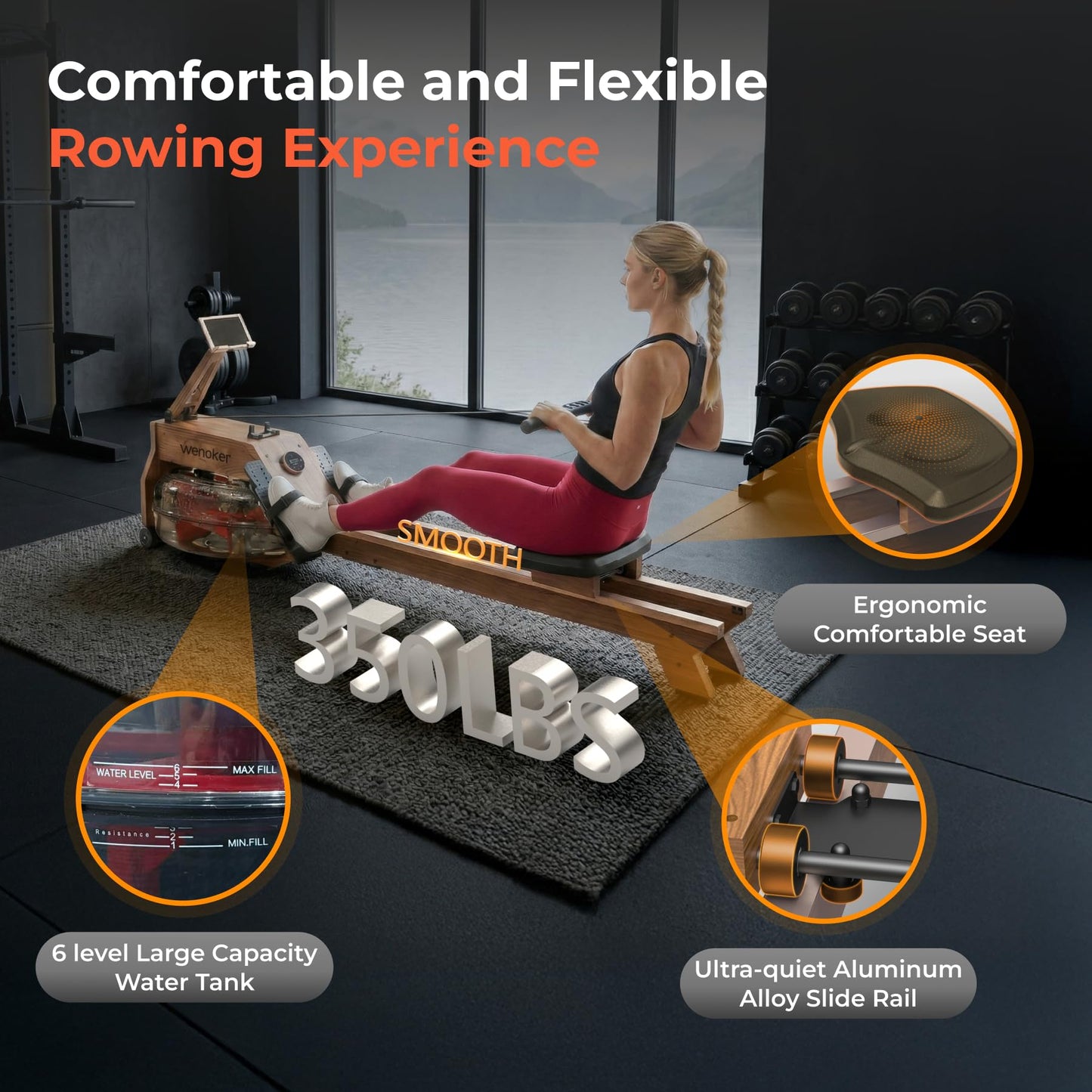 WENOKER Water Rowing Machines for Home Use, Water-Magnetic Dual Resistance Rower Machine with Smart Electronic Knob,Wooden Row Machine with Bluetooth App Compatible for Home Gym Exercise 400 LBS