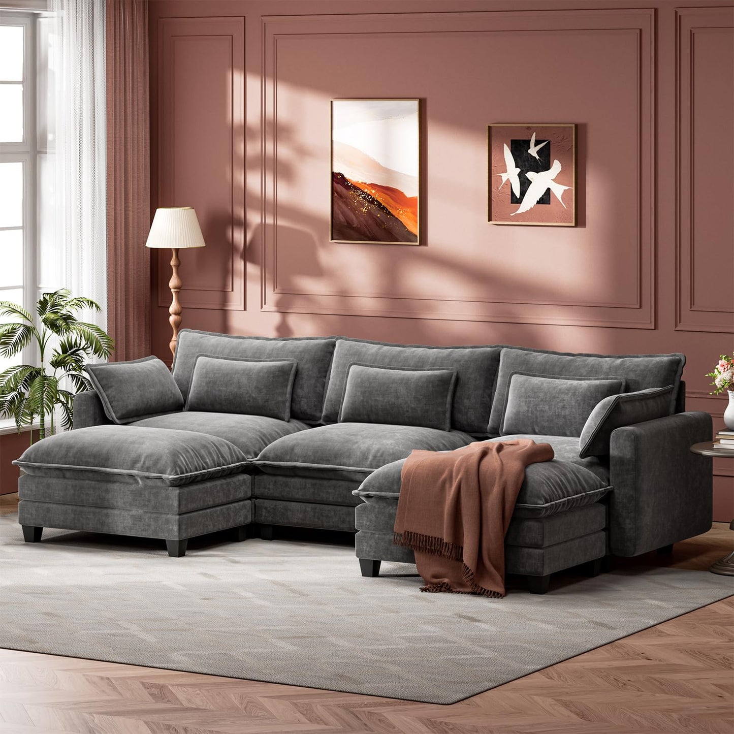 Marsail Modular Sectional Sofa 110.6" U-Shaped Modern Comfy Cloud Couch, 5-Seat Chenille Deep Seat Sofa with Throw Pillow & Movable Ottoman for Living Room, Bedroom and Apartment, Slate Gray