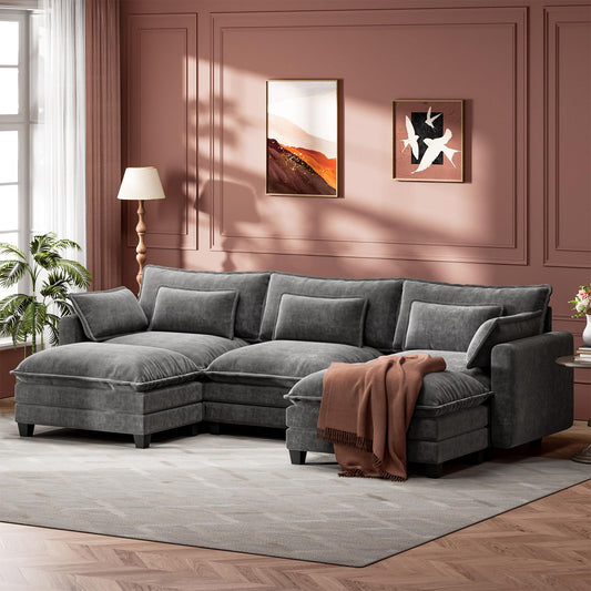 Marsail Modular Sectional Sofa 110.6" U-Shaped Modern Comfy Cloud Couch, 5-Seat Chenille Deep Seat Sofa with Throw Pillow & Movable Ottoman for Living Room, Bedroom and Apartment, Slate Gray