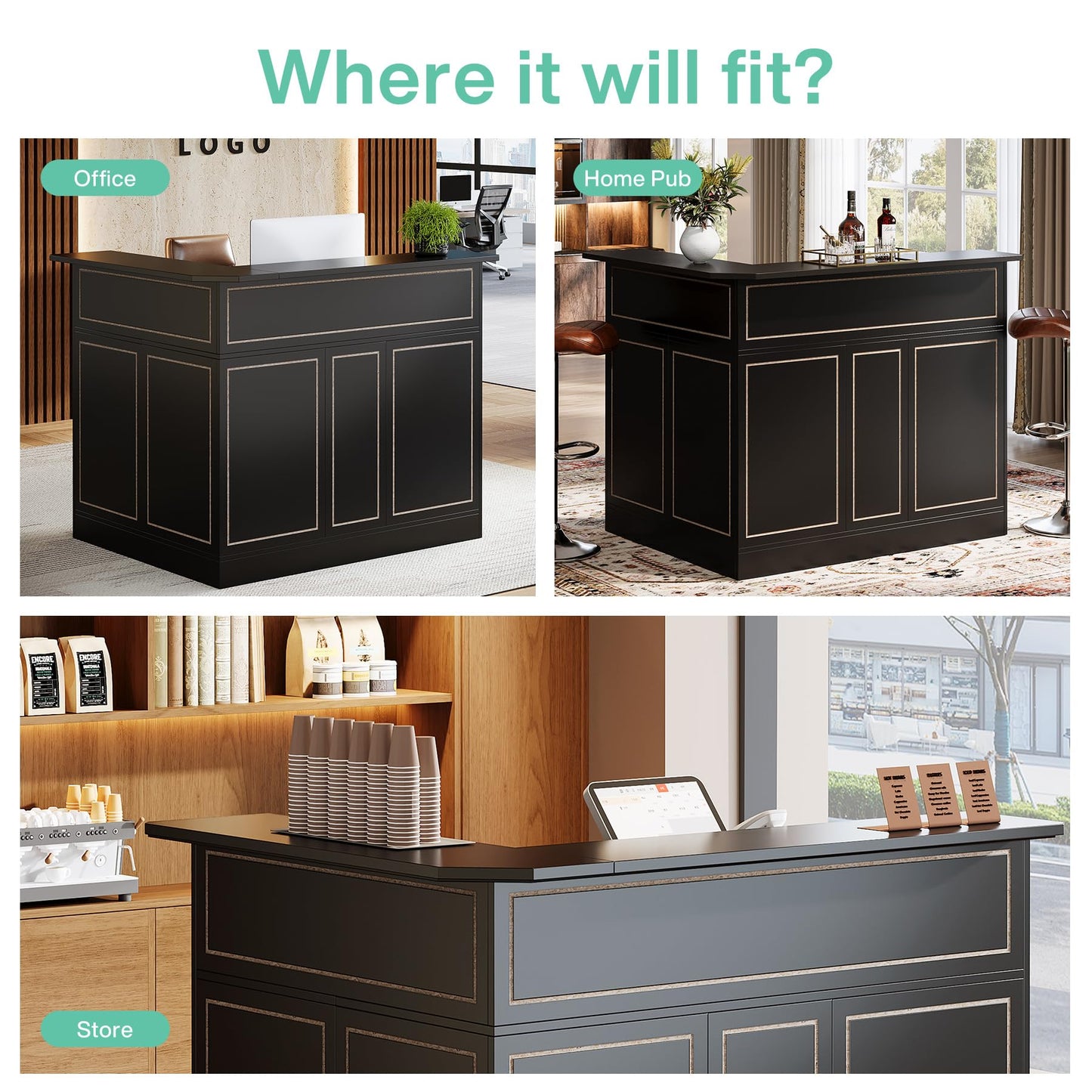 Tribesigns Reception Desk with Storage Shelves, L-Shaped Modern Front Desk, Reception Counter Table for Small Office, Salon, Checkout Office, Black
