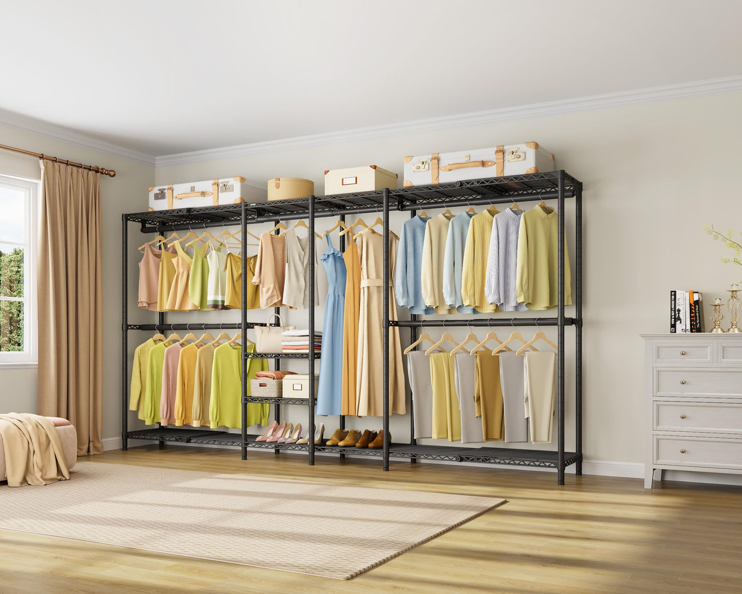 VIPEK X4 Expandable Heavy Duty Clothes Rack, Adjustable from 7'4" to 10'2" with Adjustable Shelves and Hanger Rods, Large Wardrobe Closet Reach-in & Walk-in Closet Metal Clothing Rack, 1530 LBS, Black