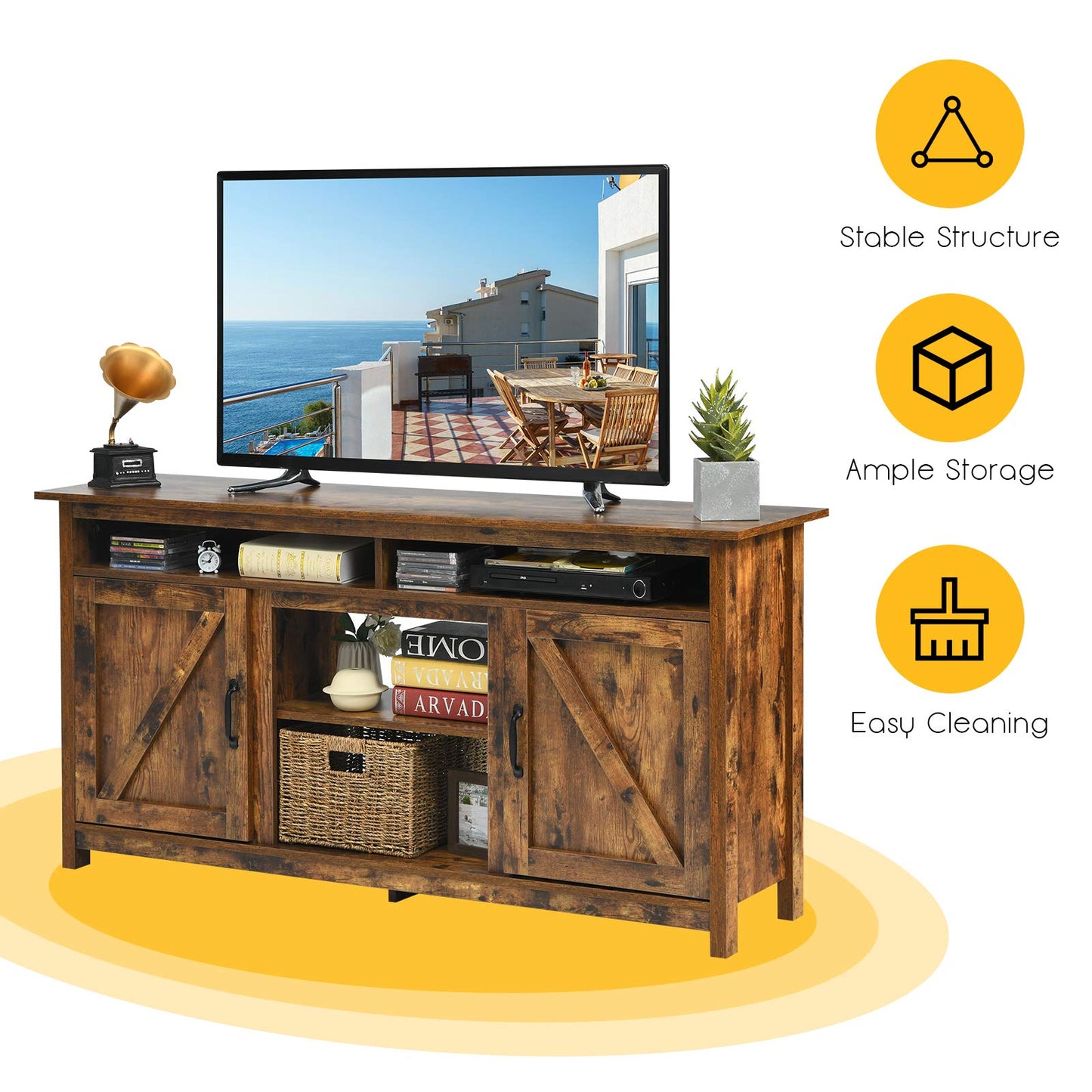 Tangkula Industrial TV Stand with Barn Doors for TVs up to 65 Inches, Farmhouse TV Console Cabinet with Shelves & Cabinets, Rustic Entertainment Center for Living Room, TV Console Table, Rustic Brown