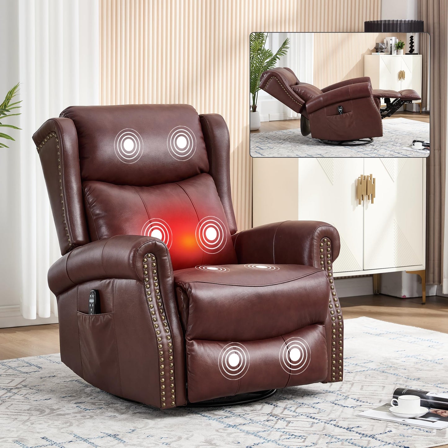 GDFStudio Heat Massage Manual Recliner Chair with Rocking and 360° Swivel Base, Genuine Leather Recliner Chair with Lumbar Heat, 8-Point Vibration Massage, 155° Reclining Living Room Chair, Wine Red