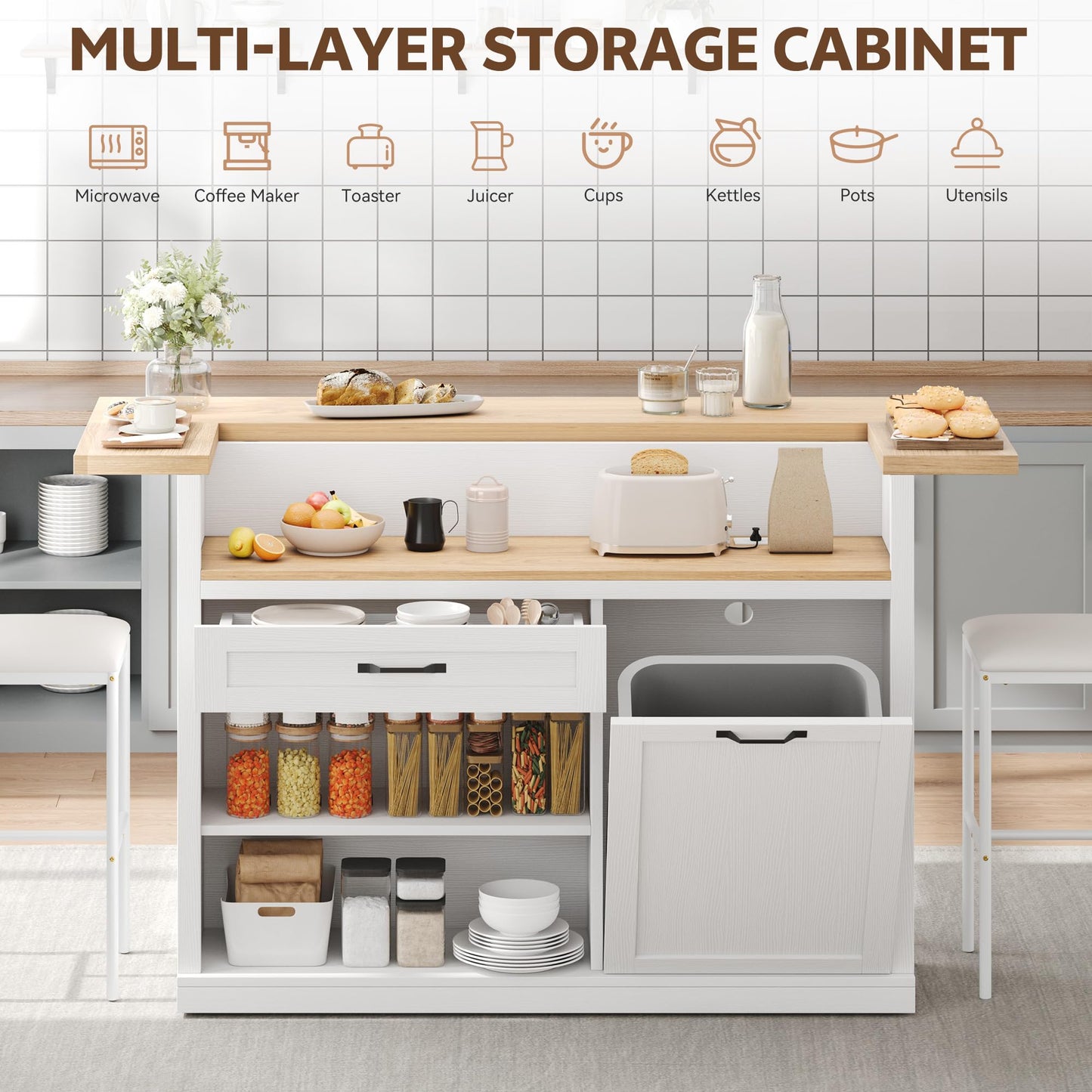 Homiflex Kitchen Island with Storage, Rolling Kitchen Islands with Storage, 55" W Large Island Table, Breakfast Bar Counter with Drop Leaf, Trash Can Cabinet, Power Outlet for Dining Room, White