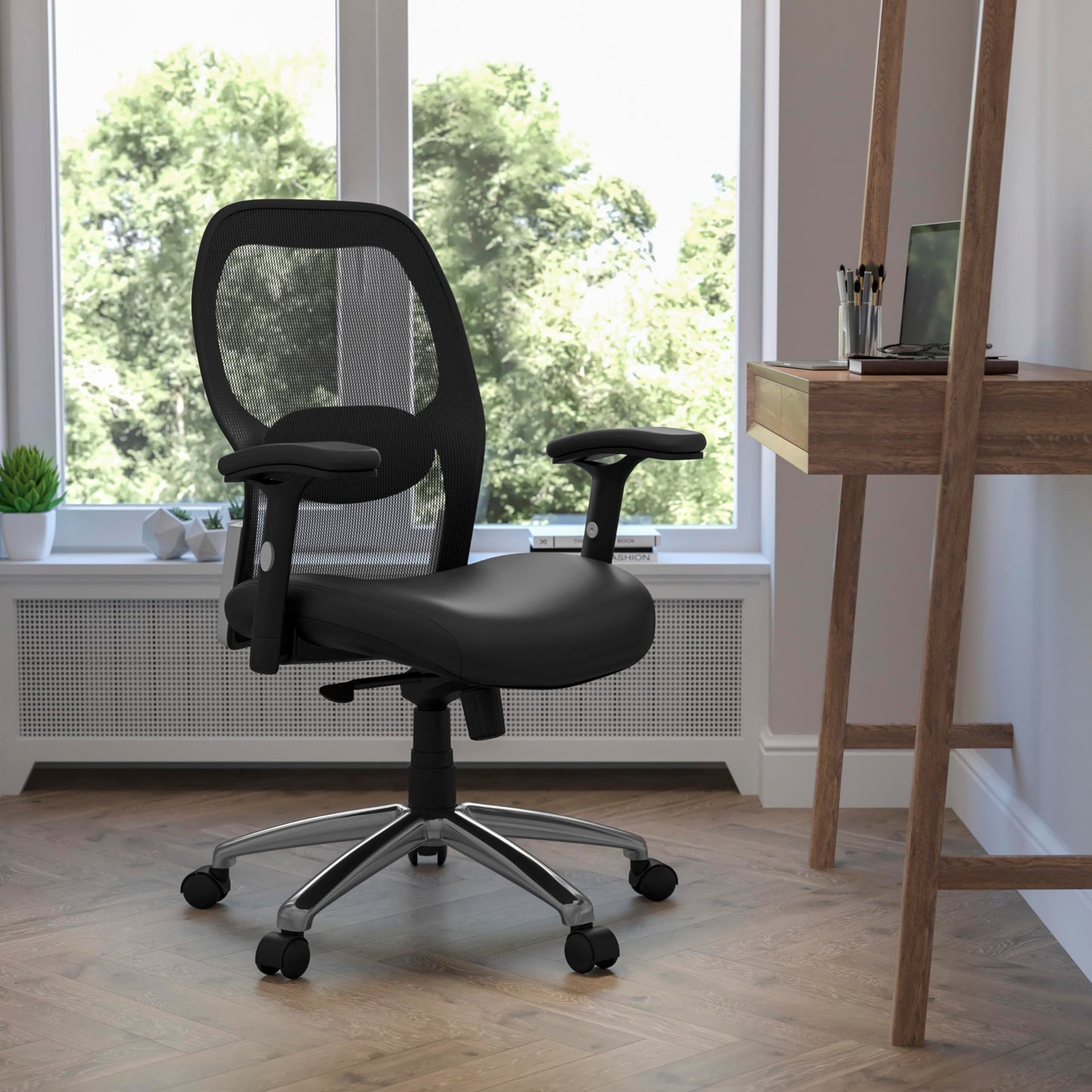 Flash Furniture Albert Mid-Back Black Super Mesh Executive Swivel Office Chair with LeatherSoft Seat, Knee Tilt Control and Adjustable Lumbar & Arms