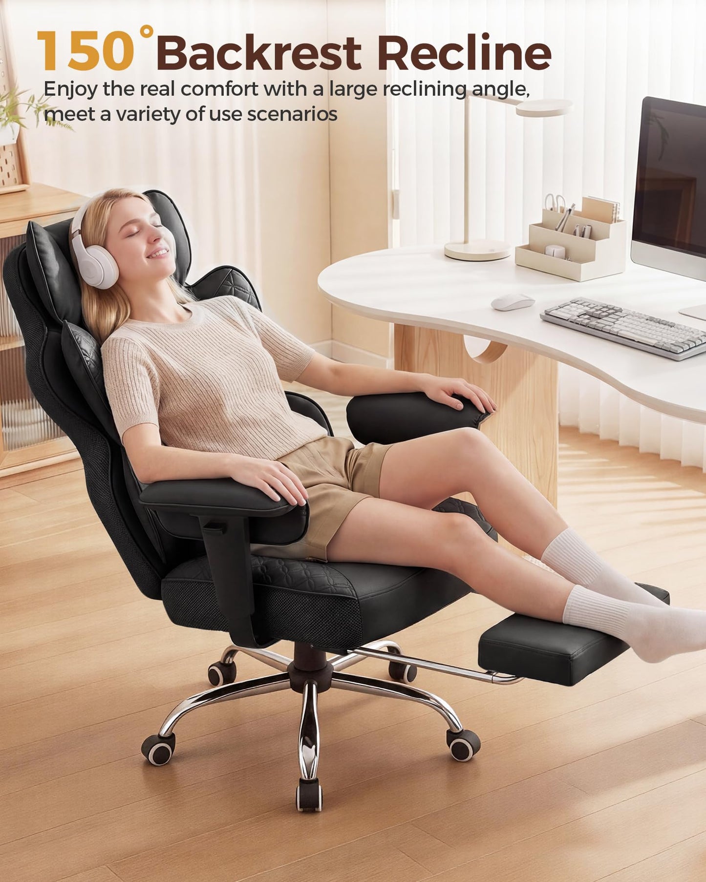 COMHOMA Big and Tall Office Chair Heavy Duty Gaming Chair with Deluxe Embossing Leather High Back Wider Ergonomic Computer Chair with Foot Rest 150°Reclining Pocket Spring Lumbar Support