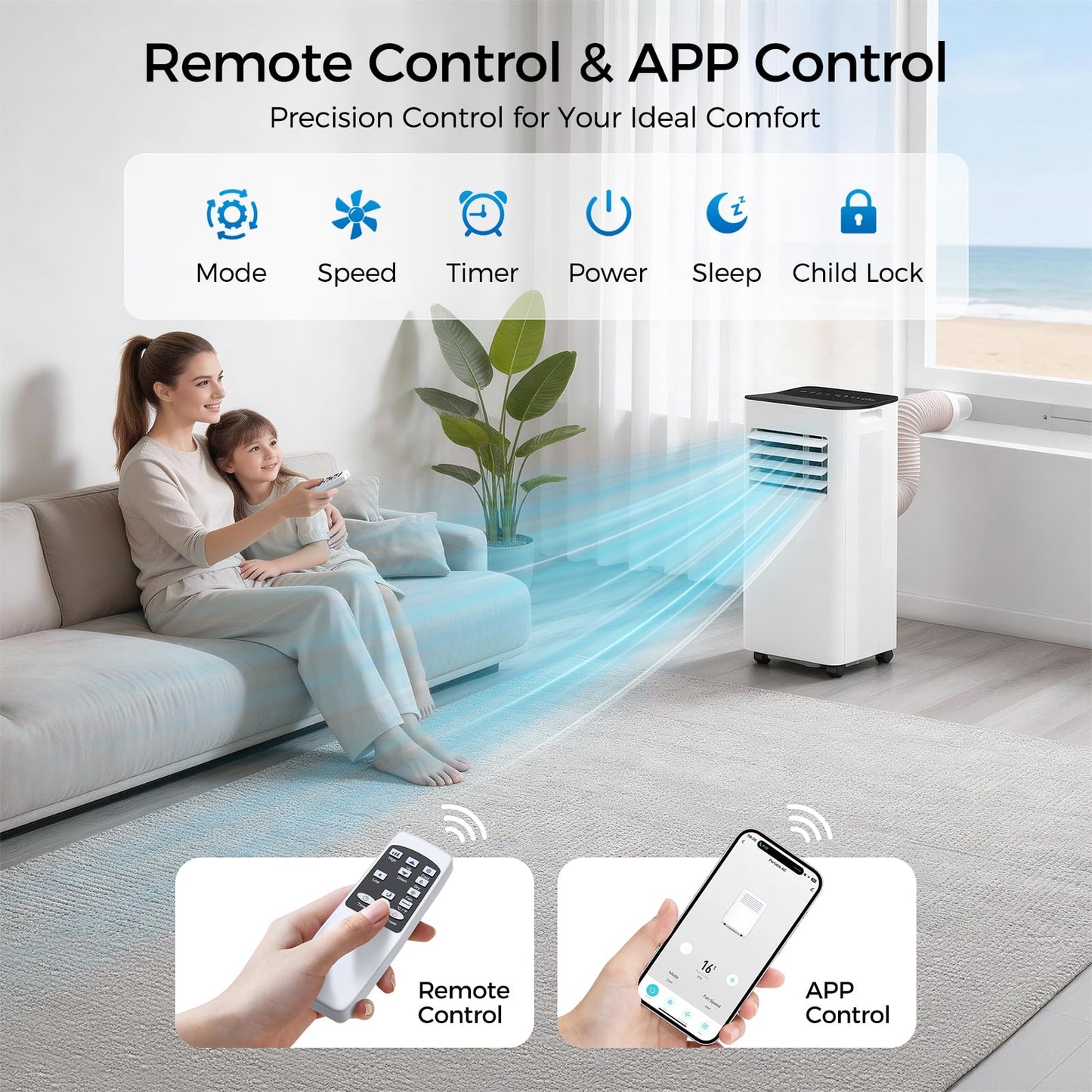 HoneyNov 16000 BTU Portable Air Conditioner for Large Rooms & Bedrooms up to 750 Sq.Ft, Ultra Quiet 40dB Smart WiFi AC, 5-in-1 Cooling with Dehumidifier, Fan, Sleep Mode & Timer(White)