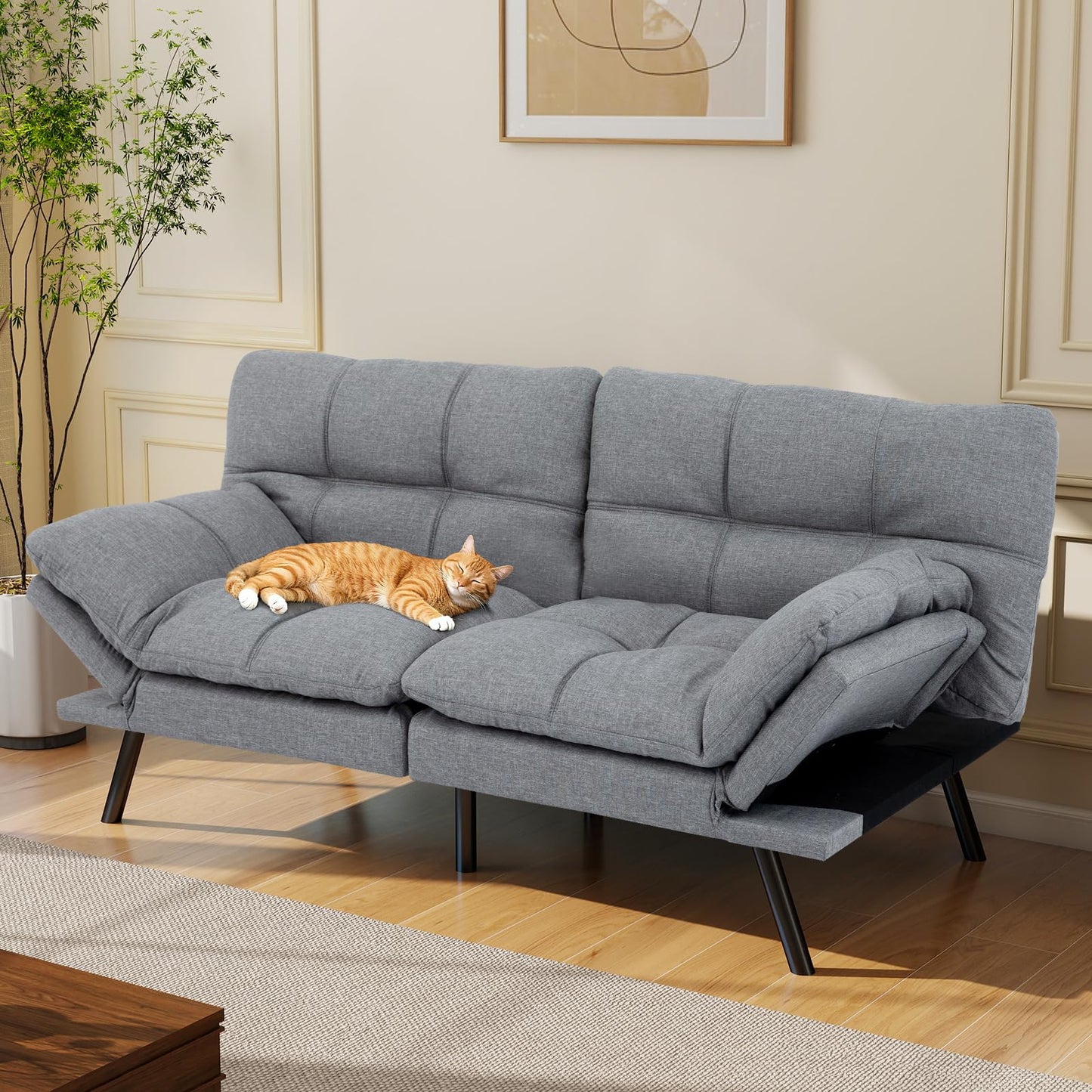 Opoiar Futon Sofa Bed Convertible Memory Foam Couch Bed Futon Sets Folding Modern Sleeper Sofa Gray Loveseat for Studio,Drom,Apartment,Game Room and Small Space