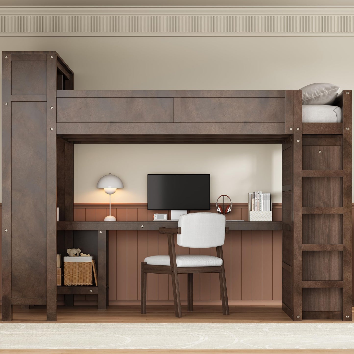 Merax Queen Loft Bed Frame with Desk and Wardrobe, Headboard with Storage & Charging Station, Wood Loft Bunk Bed with Solid Slats & Guardrail, No Box Spring Needed, Space-Saving, Noise Free, Brown