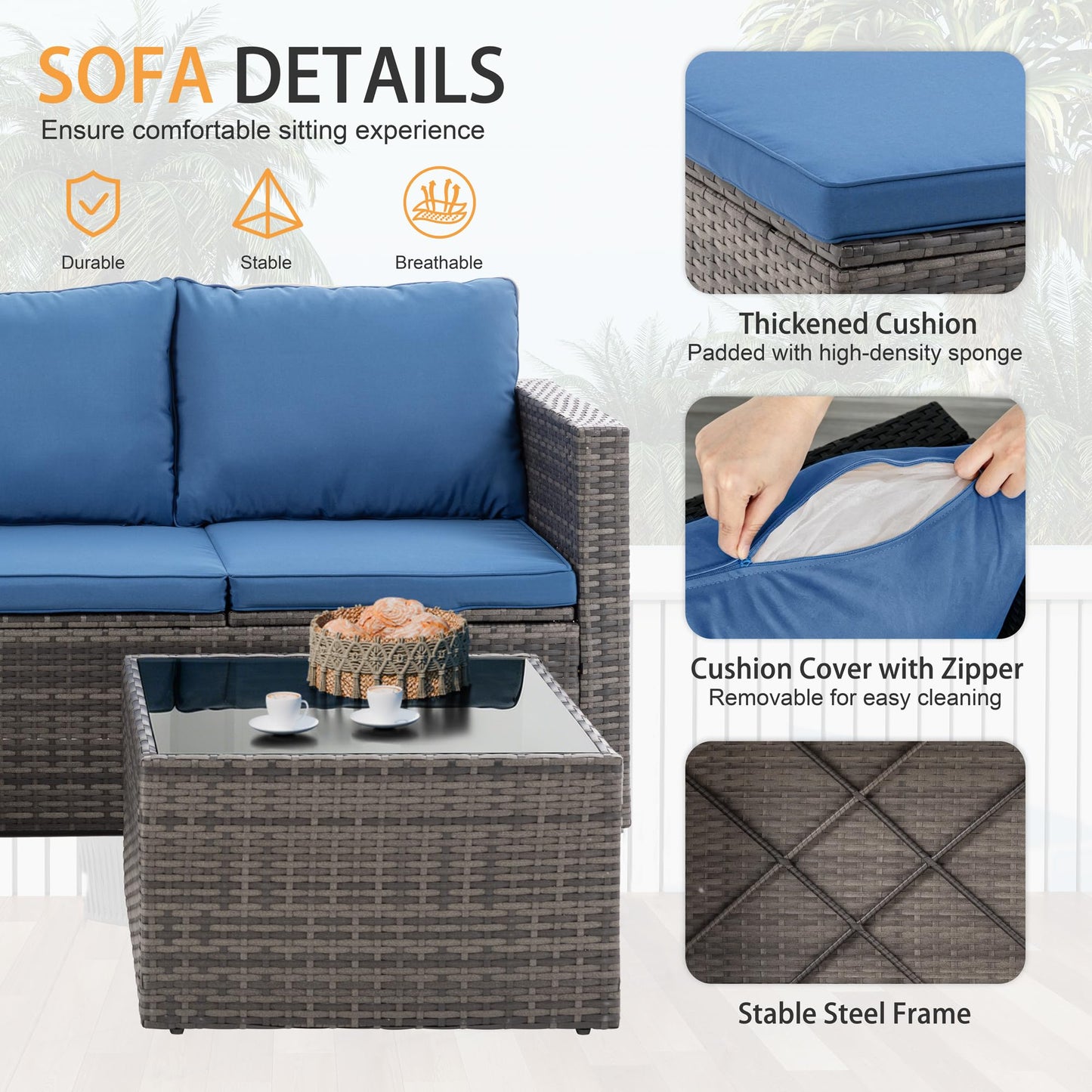 Shintenchi 4 Pieces Patio Furniture Set, 2-in-1 Convertible Sectional Sofa & Chaise Lounge, All-Weather Wicker Rattan Sofa Couch with Cushions & Coffee Table for Yard, Garden, Porch, Poolside (Blue)