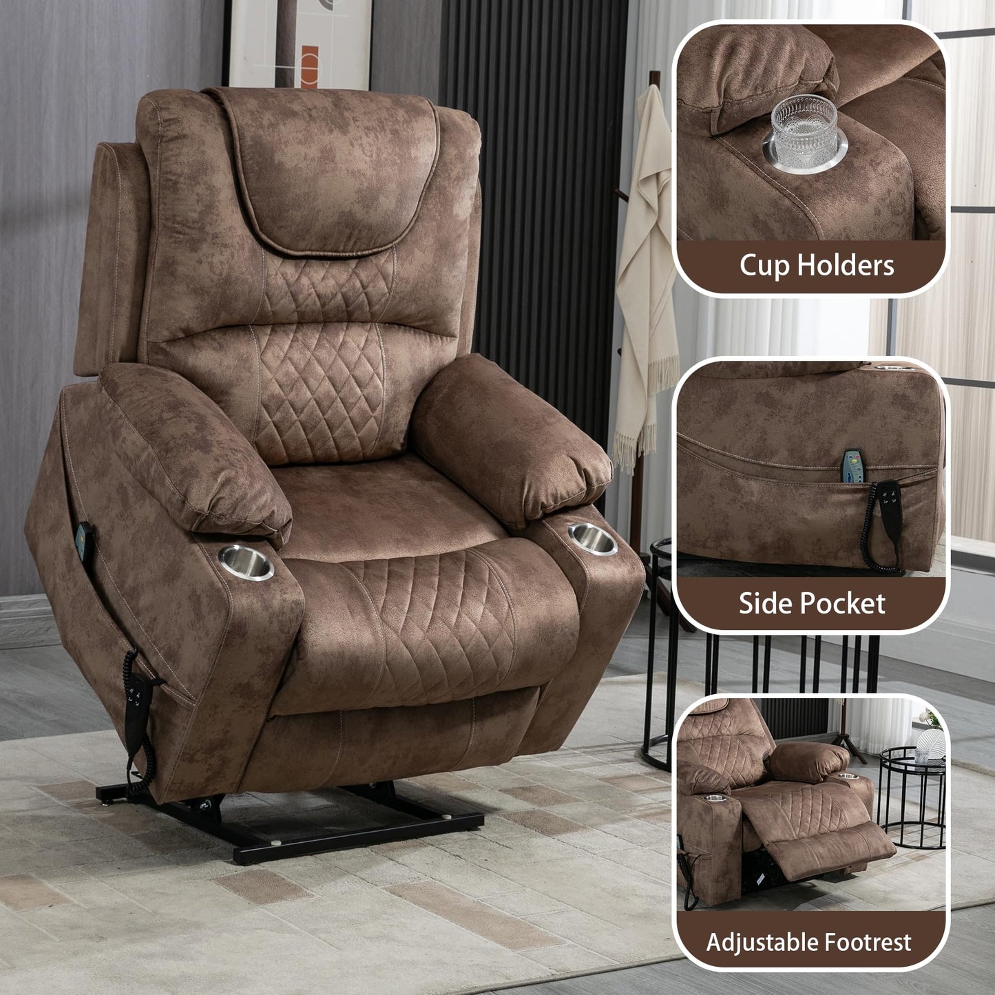 RHHVVR Oversized Power Lift Recliner Chair for Big and Tall, 25" Large Electric Recliner Chair with Massage and Heating, Dual Motor Zero Gravity Recliner Sofa, Velvet, Brown