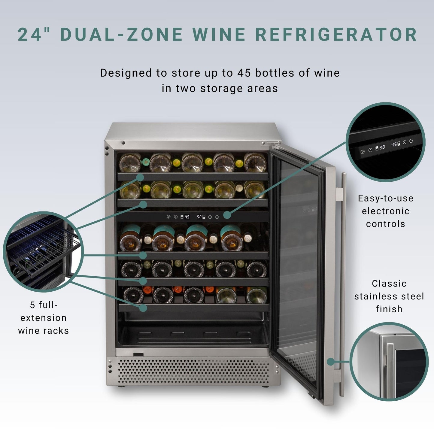 Marvel Northland Collection 24” Dual Zone Undercounter Wine Refrigerator, 5 Full-Extension Wine Racks, Stores up to 45 Bottles of Wine, Indoor/Outdoor Rated
