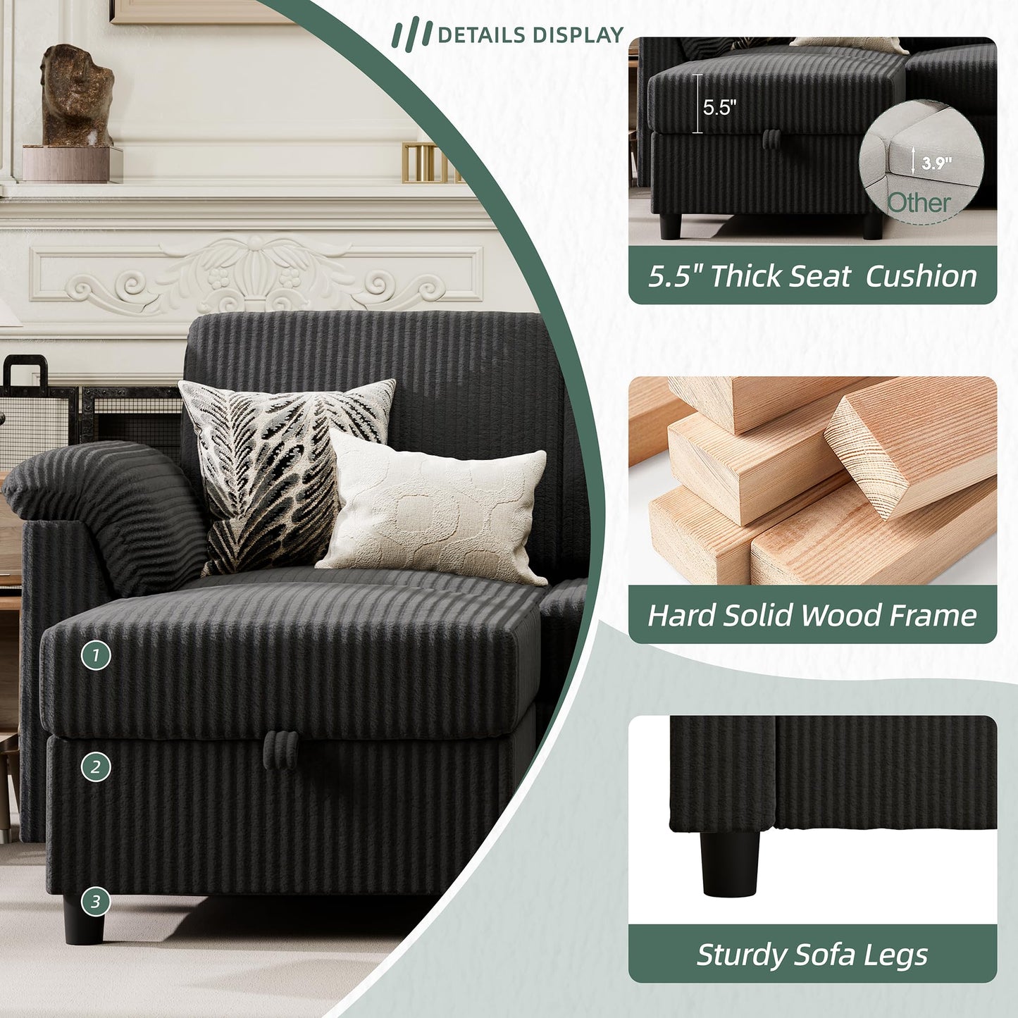 Vongrasig Convertible Sectional Couches, 3 Seat L Shaped Couch Sofa with Removable Pillows Soft Corduroy Fabric Small Couch Mid Century for Living Room, Apartment and Office Black