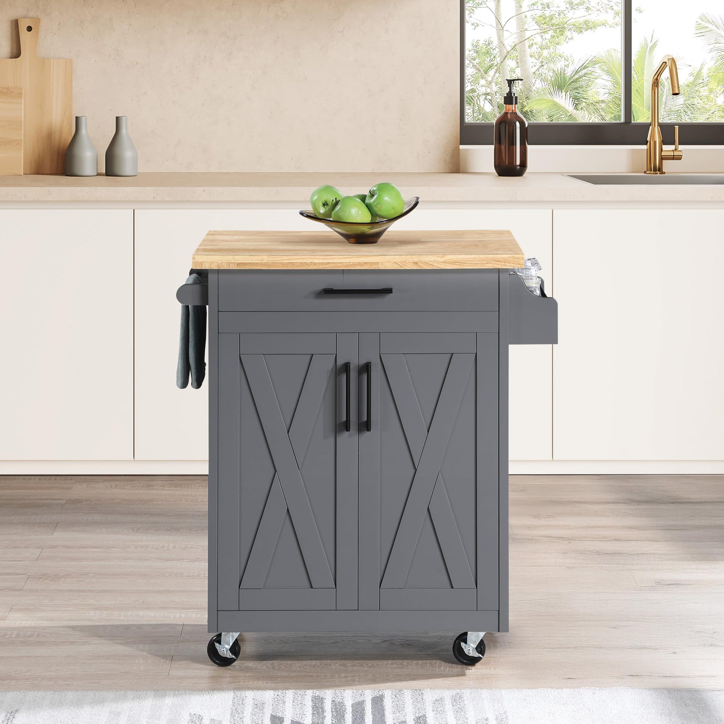 OSP Home Furnishings Bolten Farmhouse Kitchen Cart with Butcher Block Top, Rolling Island with Storage Cabinet and Drawer, 35.5H x 32W x 19D inches, Grey