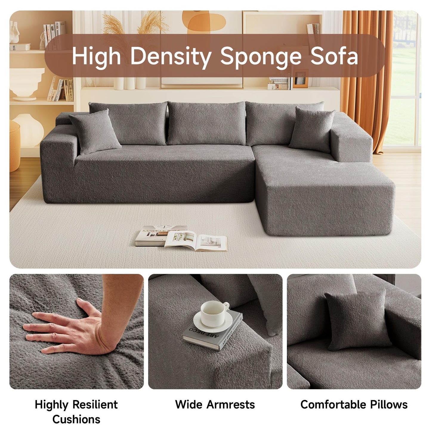 Trygoal 103” L Shaped Cloud Sectional Boneless Couches for Living Room, Modern Modular Sofa Couch with Chaise, Comfy Deep Seat Living Room Furniture Set, No Assembly, Grey