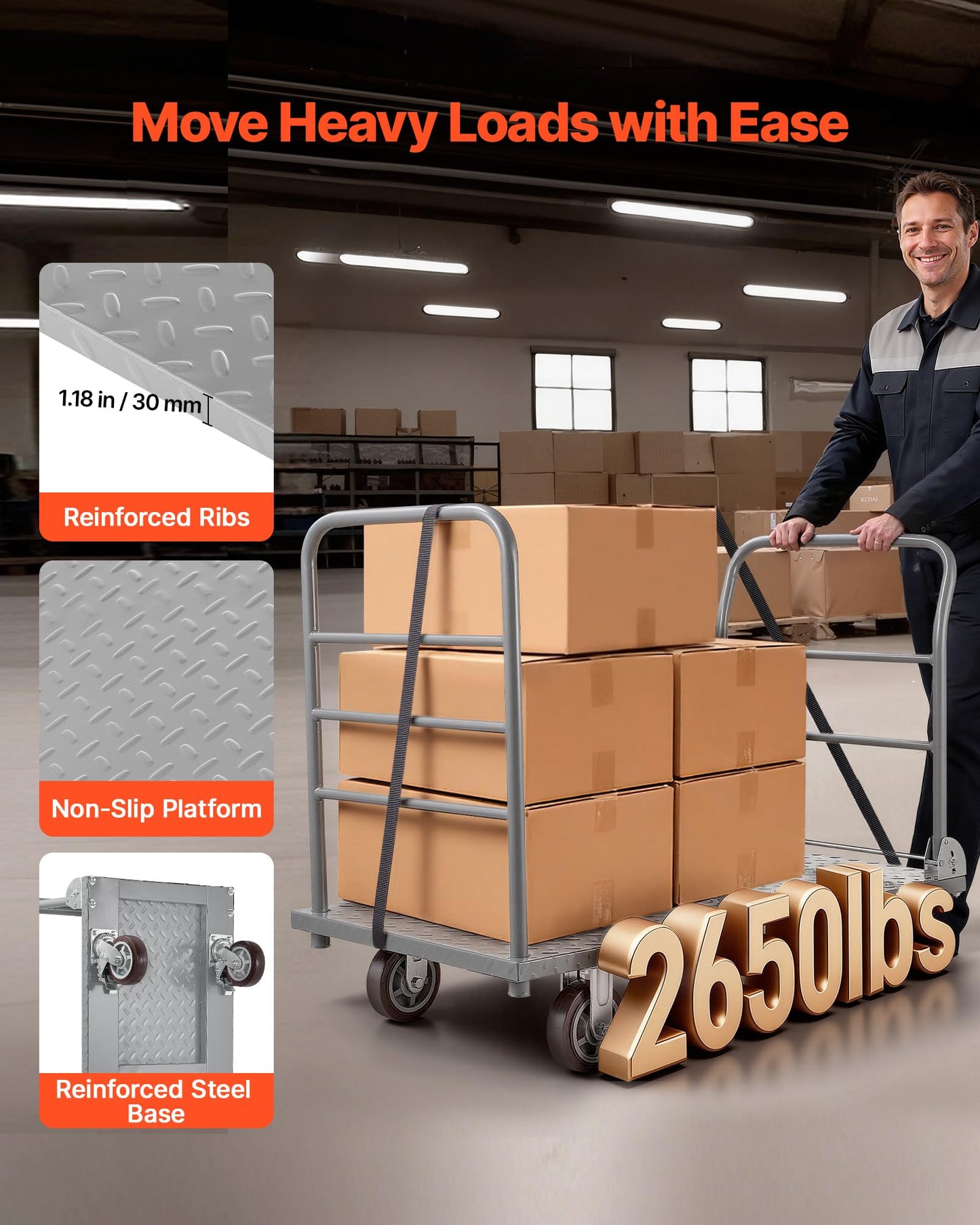 VEVOR 2 in 1Platform Truck, 2650 LBS Heavy Duty Flatbed Cart Dolly with Detachable Rear Guardrail and Swivel Wheels, Foldable Hand Push Truck Cart for Groceries, Garage, Warehouse (48"×24")