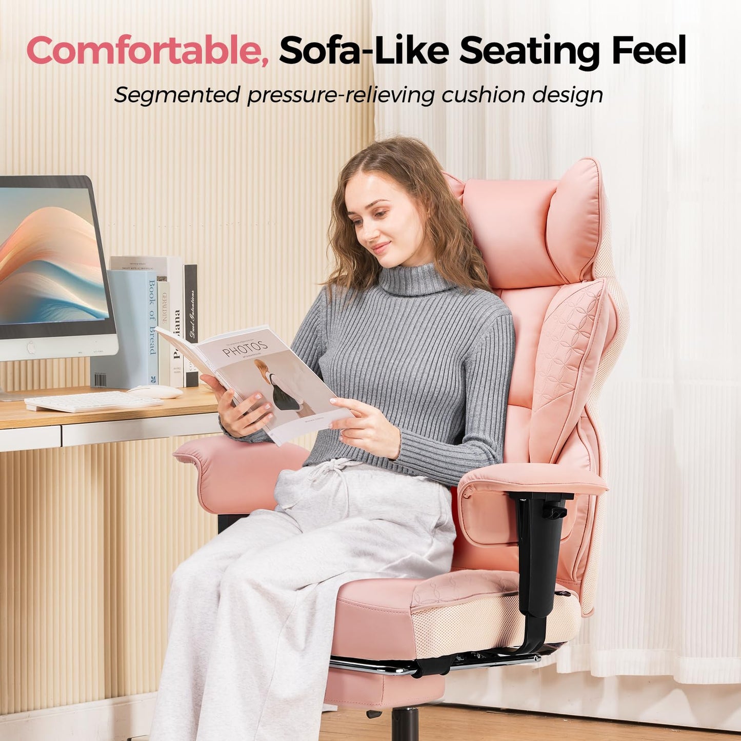 COMHOMA Desk Office Chair Big and Tall Office Chairs Ergonomic Gaming Chairs with Wide Seat Leather High Back Chair with Foot Rest Adjustable Armrests Pocket Spring Lumbar Support