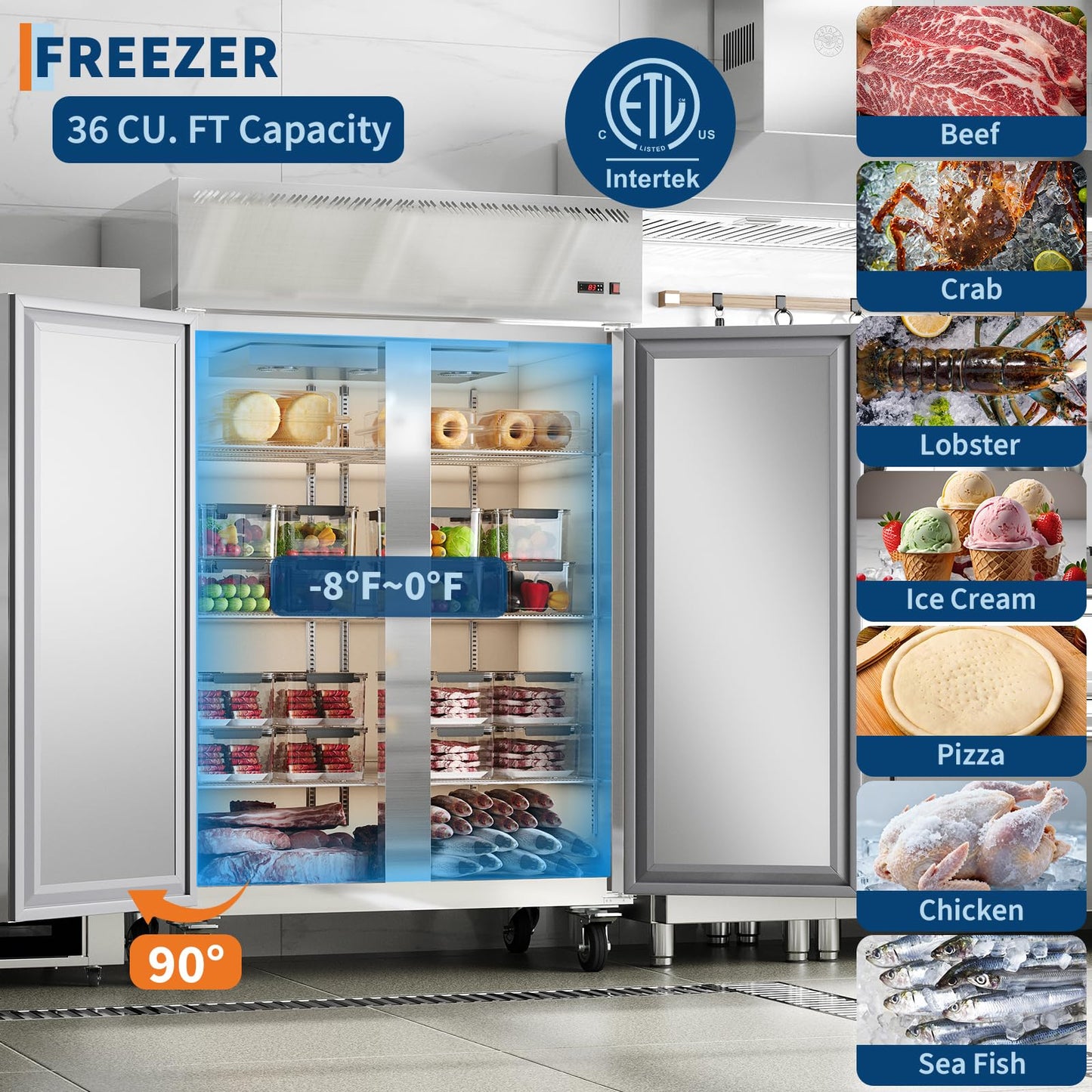 48" Commercial Upright Freezer, 36 Cu.Ft Stainless Steel - 2 Door Beverage Freezer with Auto Defrost, Fan Cooling, 6 Adjustable Shelves, Ideal for Restaurant, Bar, Shop