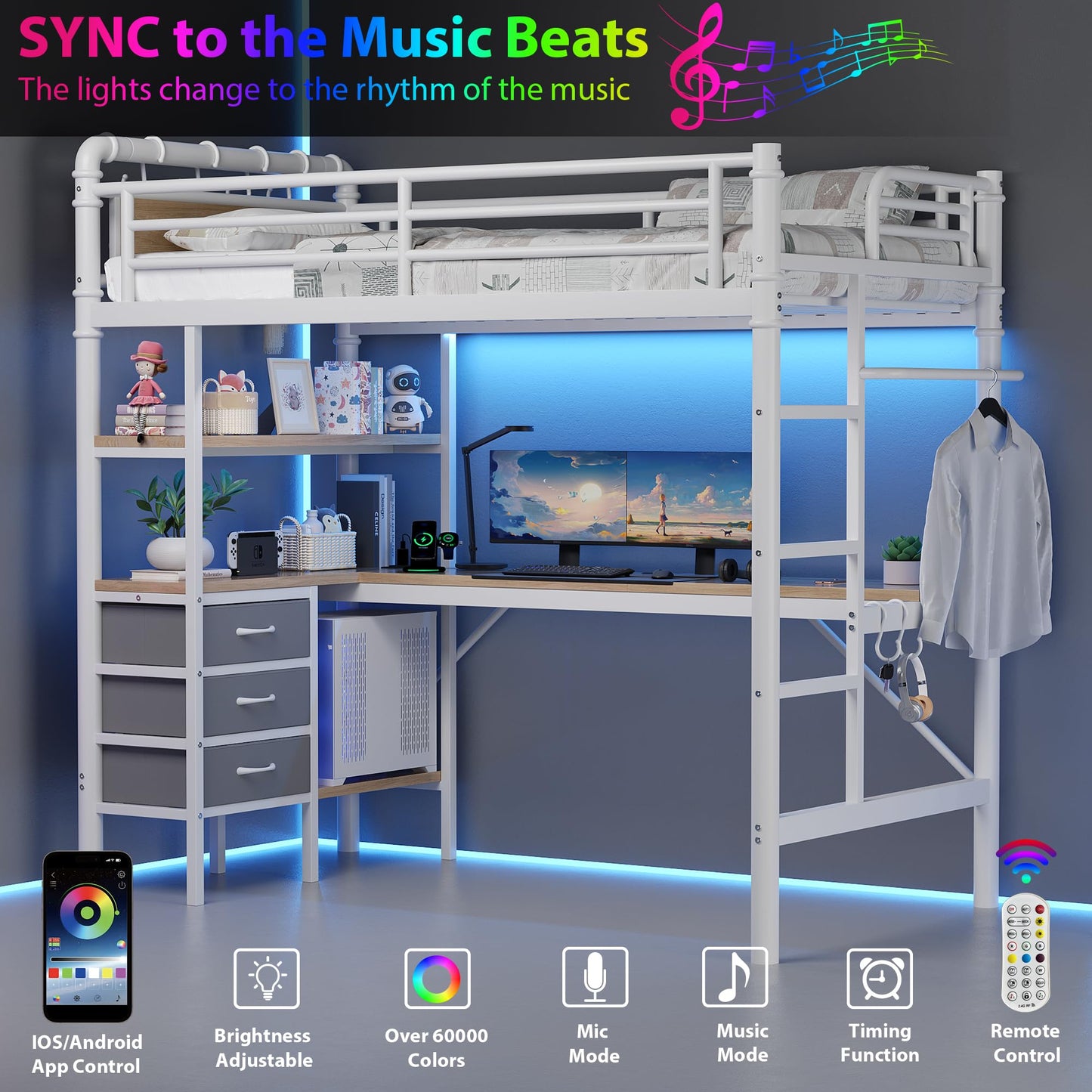Jocoevol Twin Size Loft Bed with L-Shaped Desk, LED Lights,Charging Station, Industrial Heavy Duty Metal Loft Bed Frame with 3 Storage Shelves and 3 Fabric Drawers, Safety Guard & Ladder, White