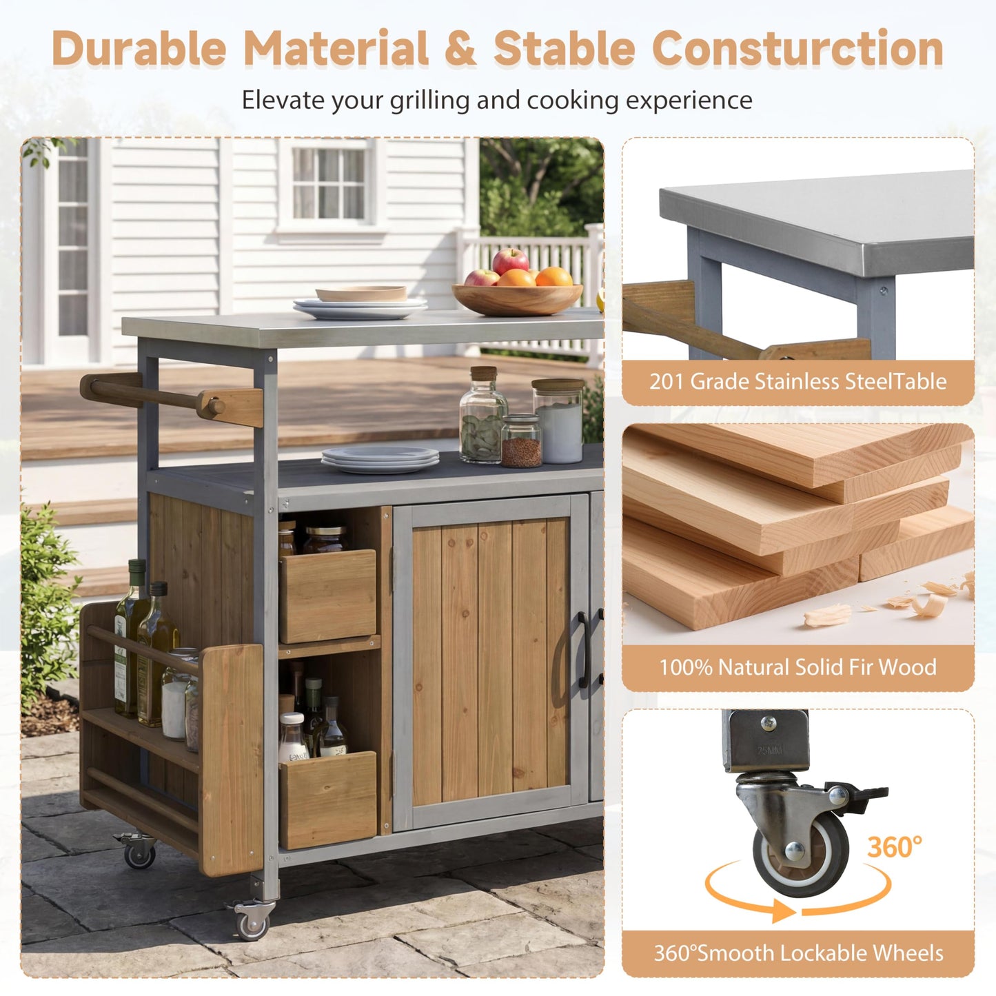 Christopher Knight Home Edsel Outdoor Bar Cart with Stainless Steel Top and Lockable Wheels, Solid Wood Outdoor Storage Cabinet, Kitchen Island Serving Cart for Poolside, Walnut Brown+Blue Gray