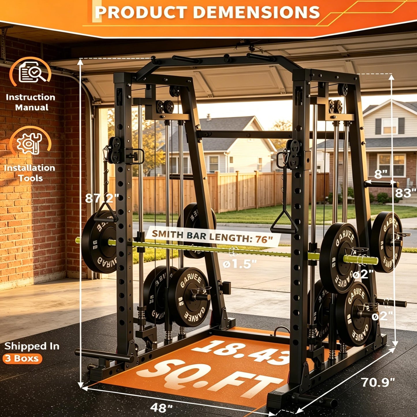 Smith Machine All-in-1 Home Gym, 2000 LBS Capacity Power Cage with Dual Independent Pulley System, 360° Landmine, Pull-Up Bar & Weight Storage – Heavy Duty Full Body Workout Station for Home & Garage