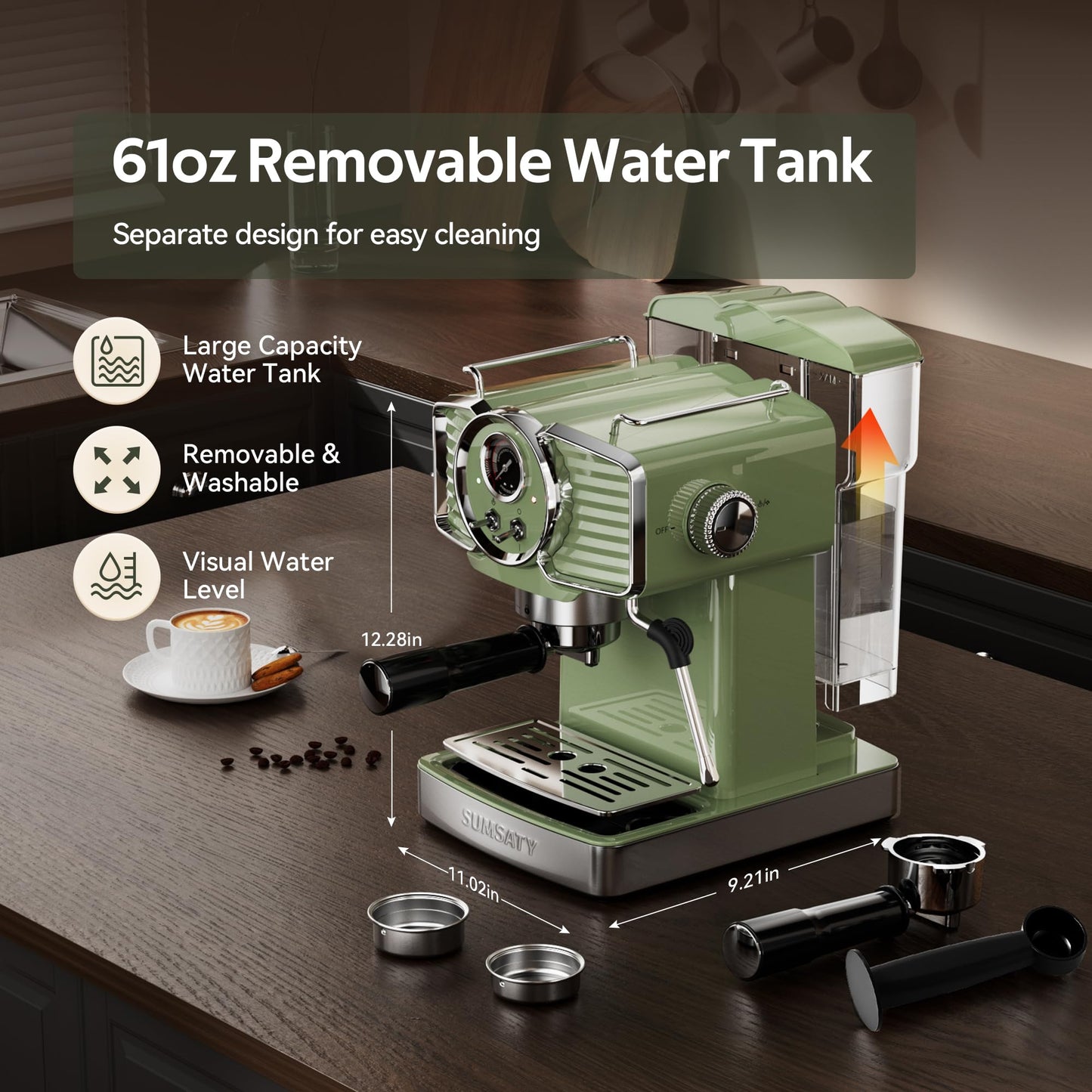 SUMSATY Espresso Machine 20 Bar, Retro Espresso Maker with Powerful Milk Frother Steam Professional Expresso Machine for Home with 61oz Water Tank Cappuccino & Latte Maker, Green