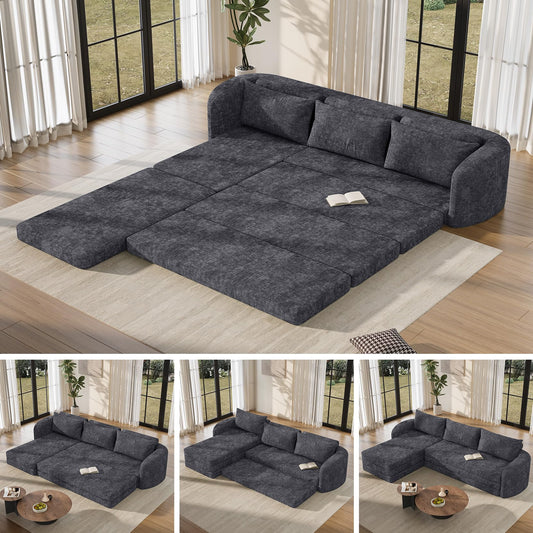 Vesgantti 110.2" Modular Sectional Sofa with Curved Armrest, 6 in 1 Convertible Folding Sleeper Sofa Bed, Chenille Boneless Couch for Living Room, No Assembly Required, Blue, Left Facing Chaise