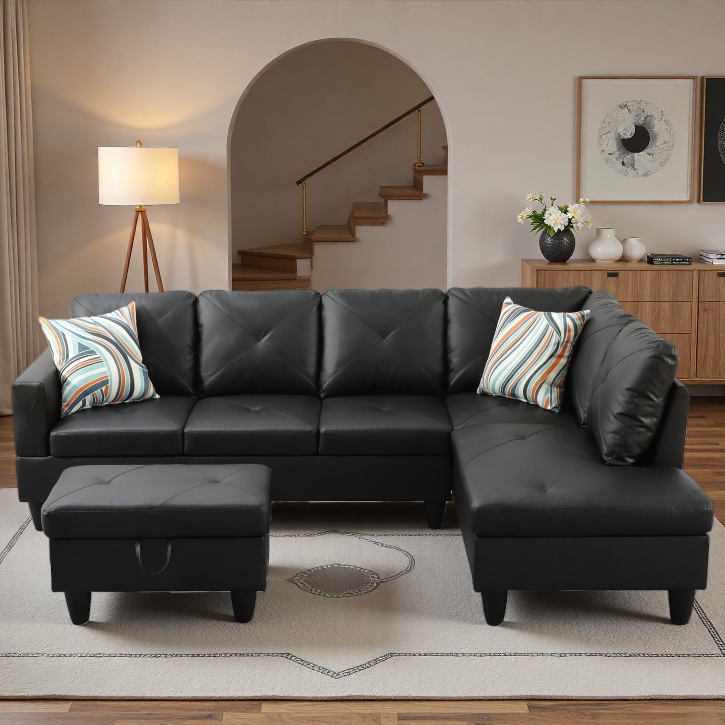 Topcomfy 97.5" L Shaped Couch Set, Modular Sectional Couches for Living Room with Storage Ottoman, 4 Seat Home Sofa Living Room Furniture Sets with Chaise for Apartment Office (Faux Leather, Black)