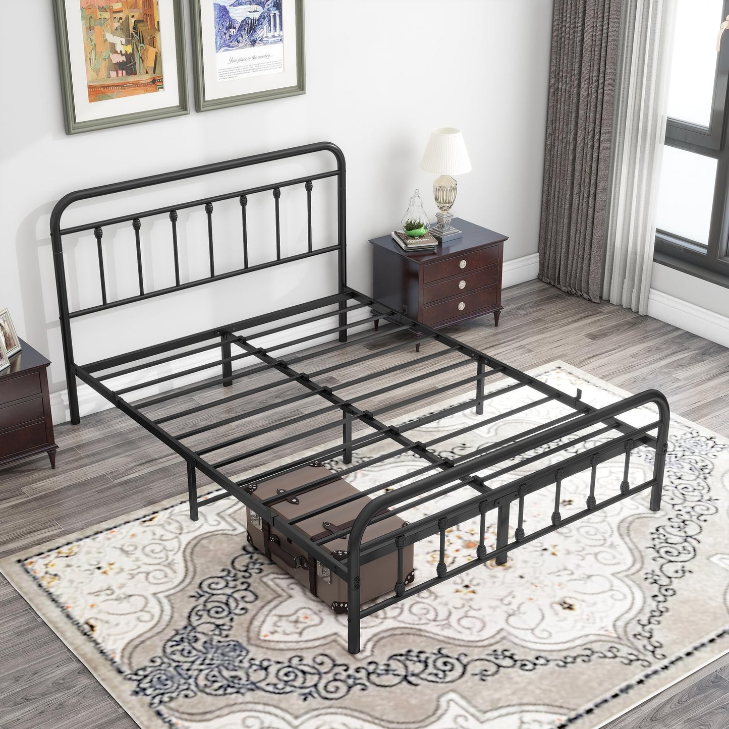 DUMEE Metal Queen Bed Frame with Headboard and Footboard Farmhouse Platform Bed Frame Queen Size Under Bed Storage No Box Spring Needed, Textured Black