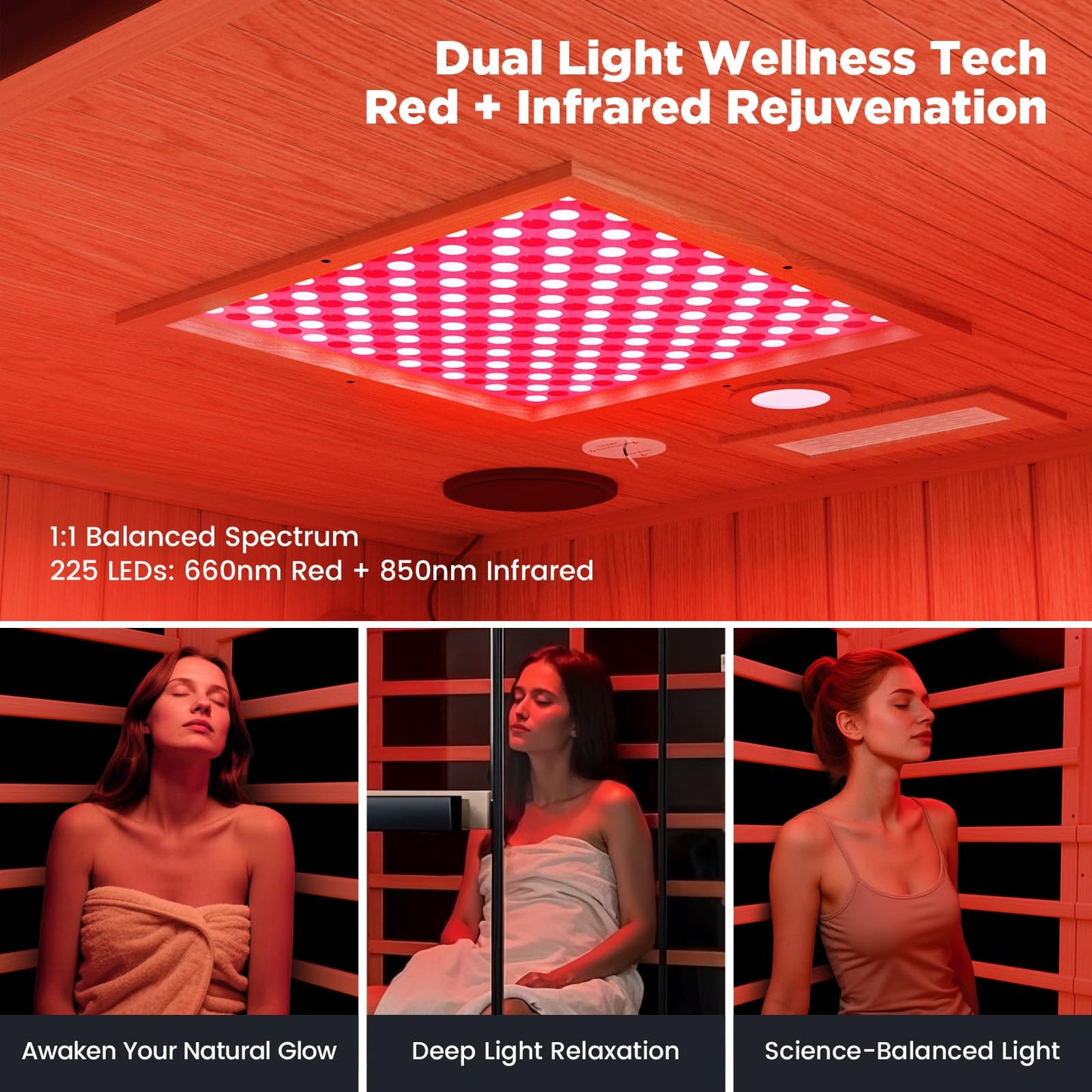 OnxyEdge 2-Person Full Spectrum Infrared Sauna, 1990W - 120V, 12 * 12" Red Light Therapy & 2 Built-in Speakers, Hemlock Wood Indoor Dry Traditional Sauna with Dual LED Controls for Home & Gym