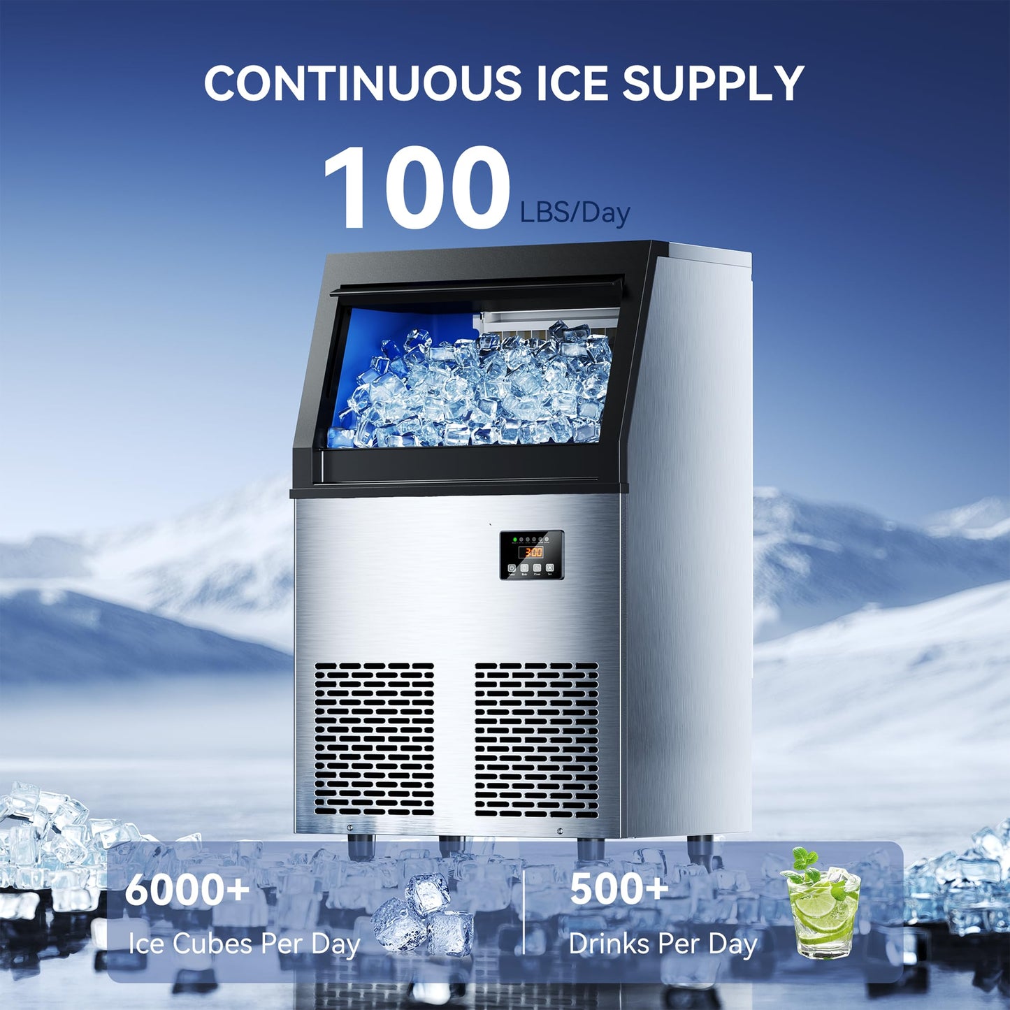 Coolski Commercial Ice Maker Machine, 100lbs/24H Ice Machine, 34lbs Storage, 45 Ice Cubes Ready in 6-15 Minutes, Freestanding Ice Maker for Bar, Home, Office, Restaurant