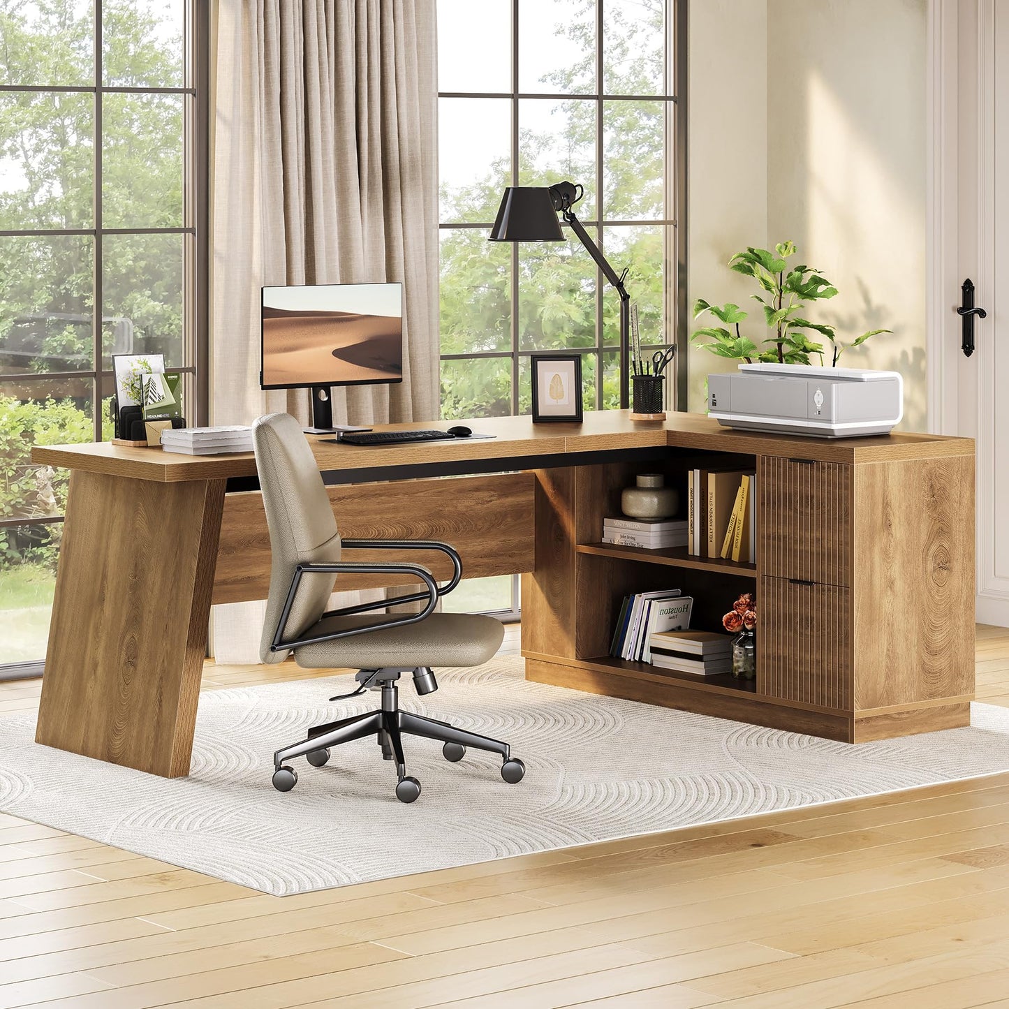 LITTLE TREE 78-Inch L-Shaped Executive Desk, Modern Desk with Drawers & File Cabinet, Large Walnut Office Workstation with Storage Shelves for Home Office