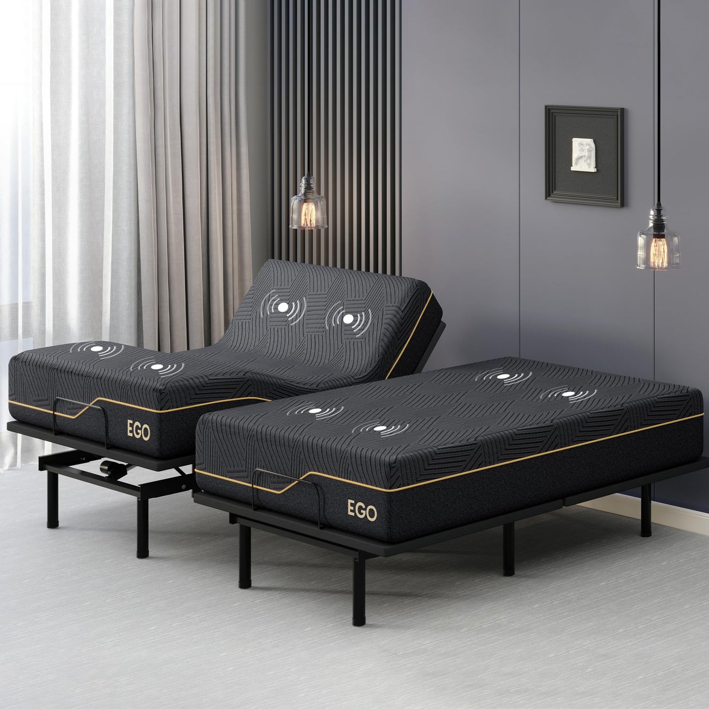 EGOHOME Split King Adjustable Bed Frame and 14" Memory Foam Mattress, Independent Head and Foot Incline Electric Bed with Massage, Wireless Remote, Zero Gravity, LED Lights, USB Ports, Adjustable Legs